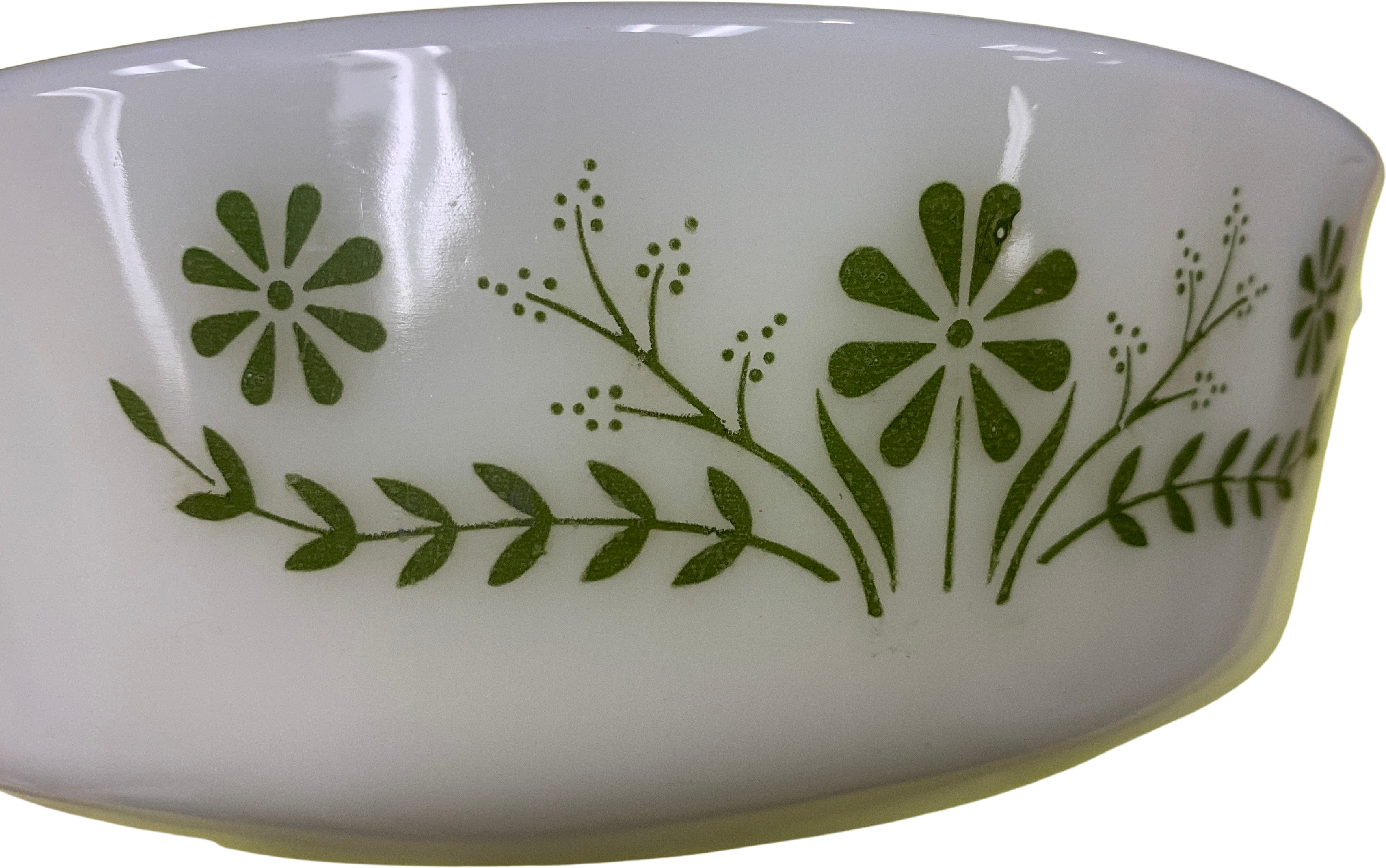 White Glass Divided Casserole Dish With Moss Green Flowers 