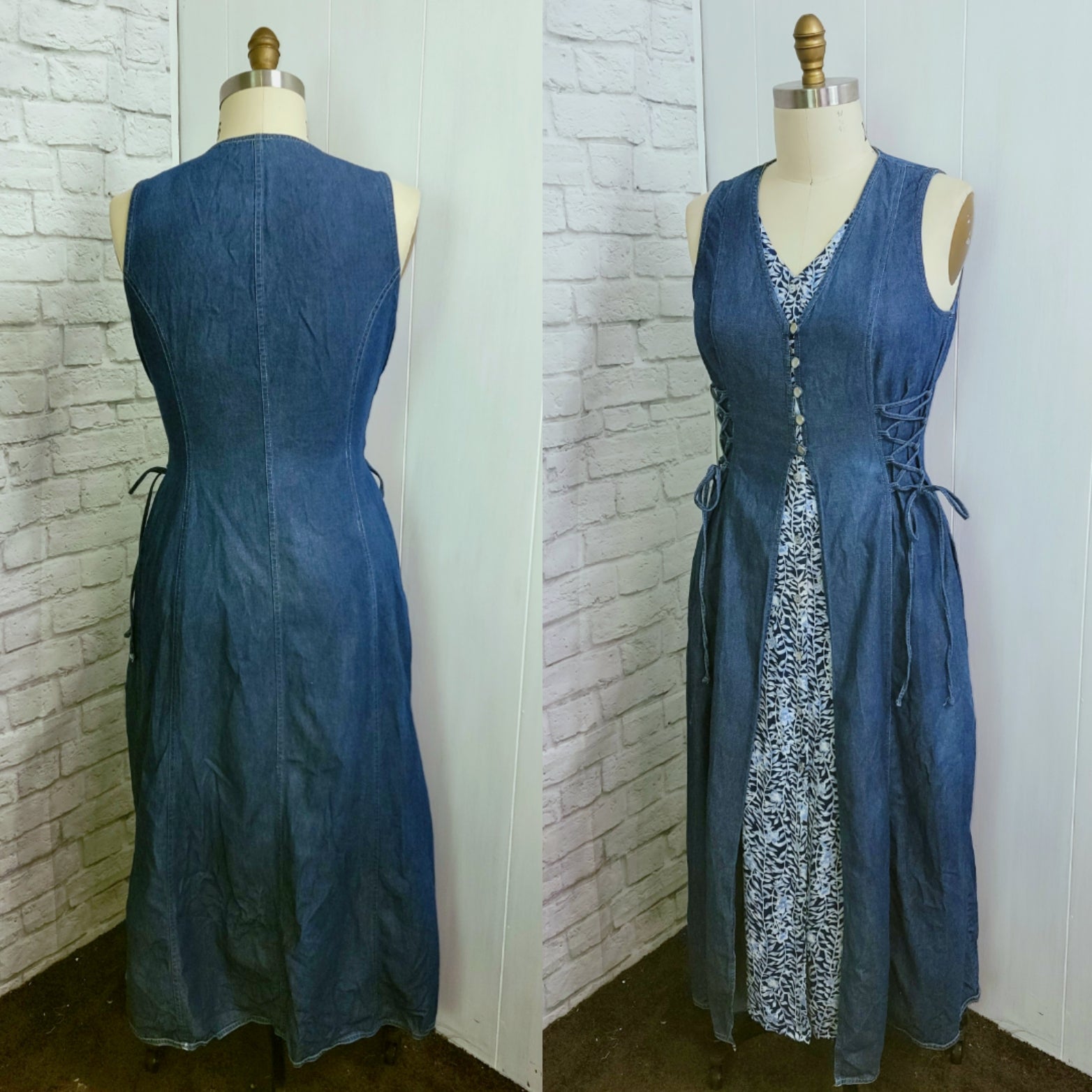 Vintage 90s Denim Corset Lace Up Maxi Sundress Faux Underdress By