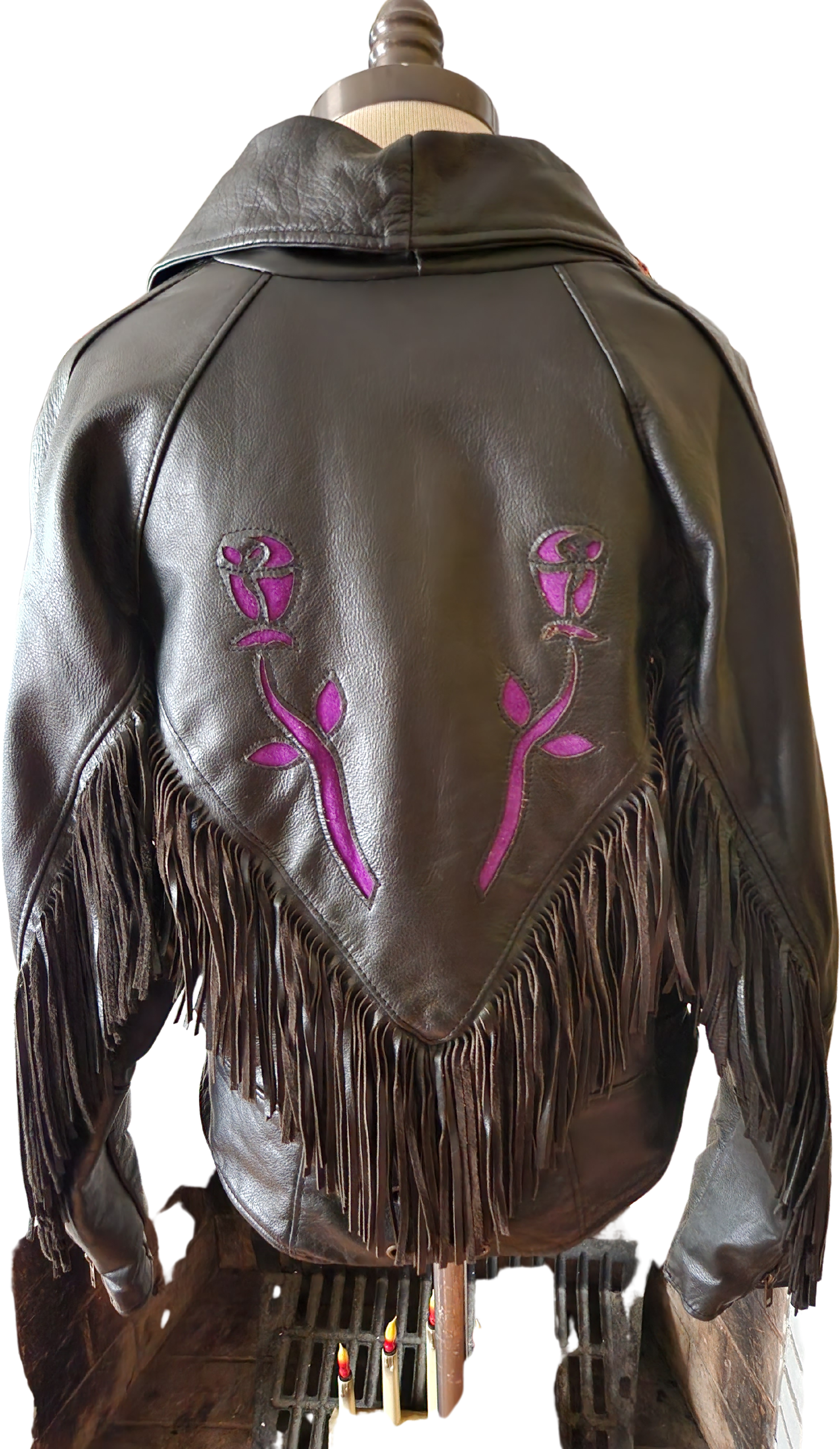 80s Black Leather Cropped Motorcycle Jacket With Fringe, Steer