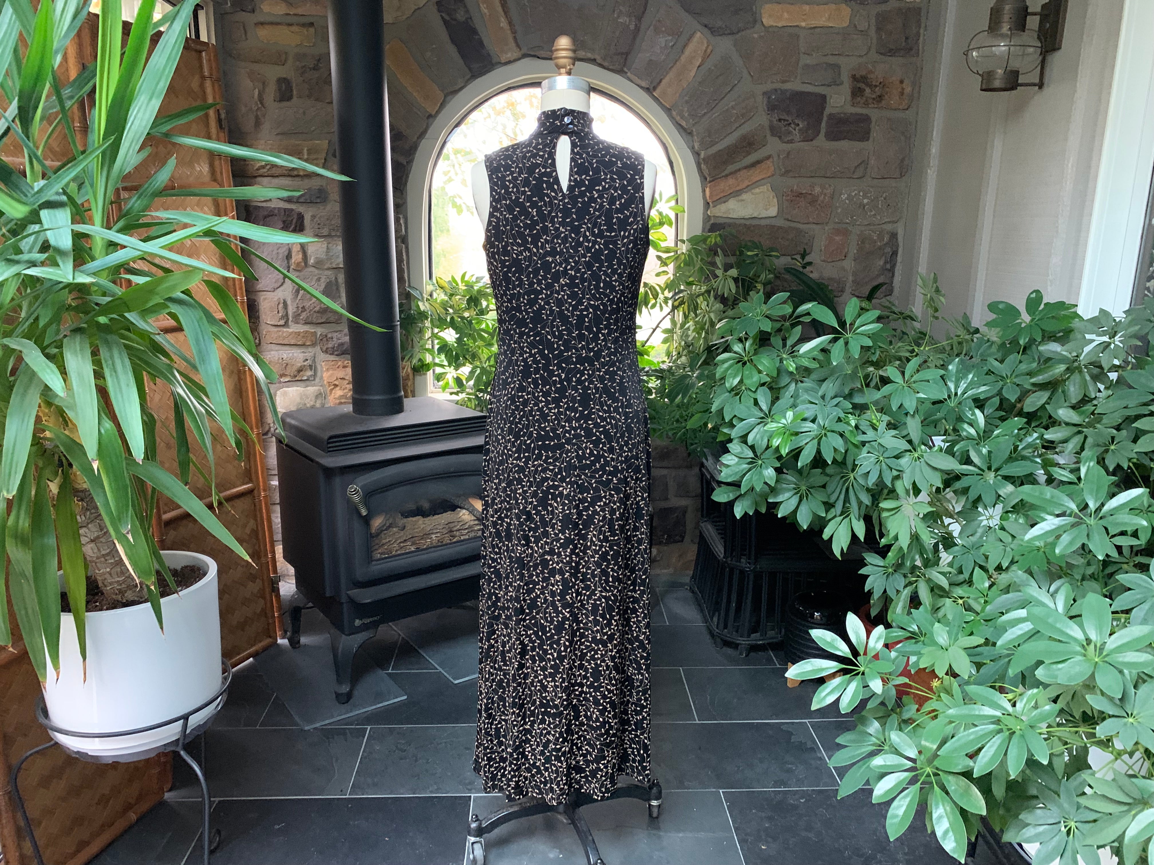 Vintage 90s Black And Tan Flocked Knit Maxi Dress By Ronni Nicole by Ouida 