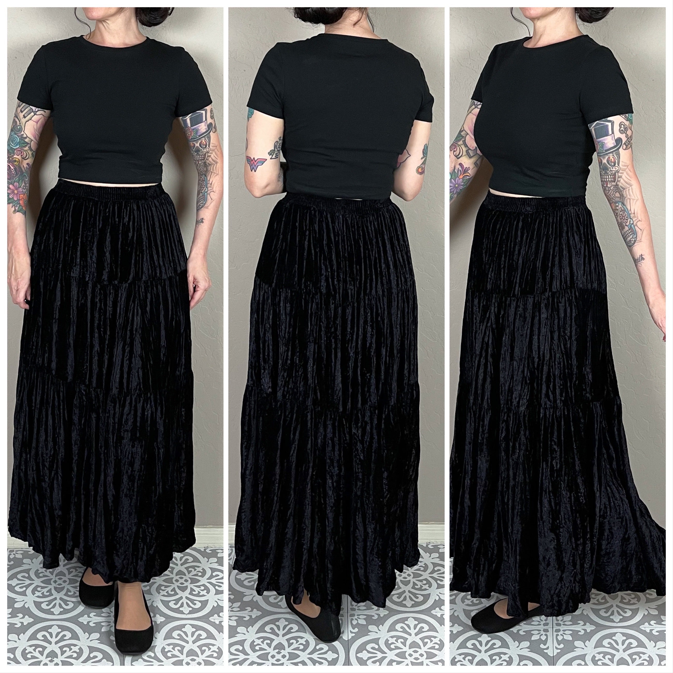 Vintage 90s Black Crushed Velvet Broomstick Maxi Skirt By Neo Nostalgia