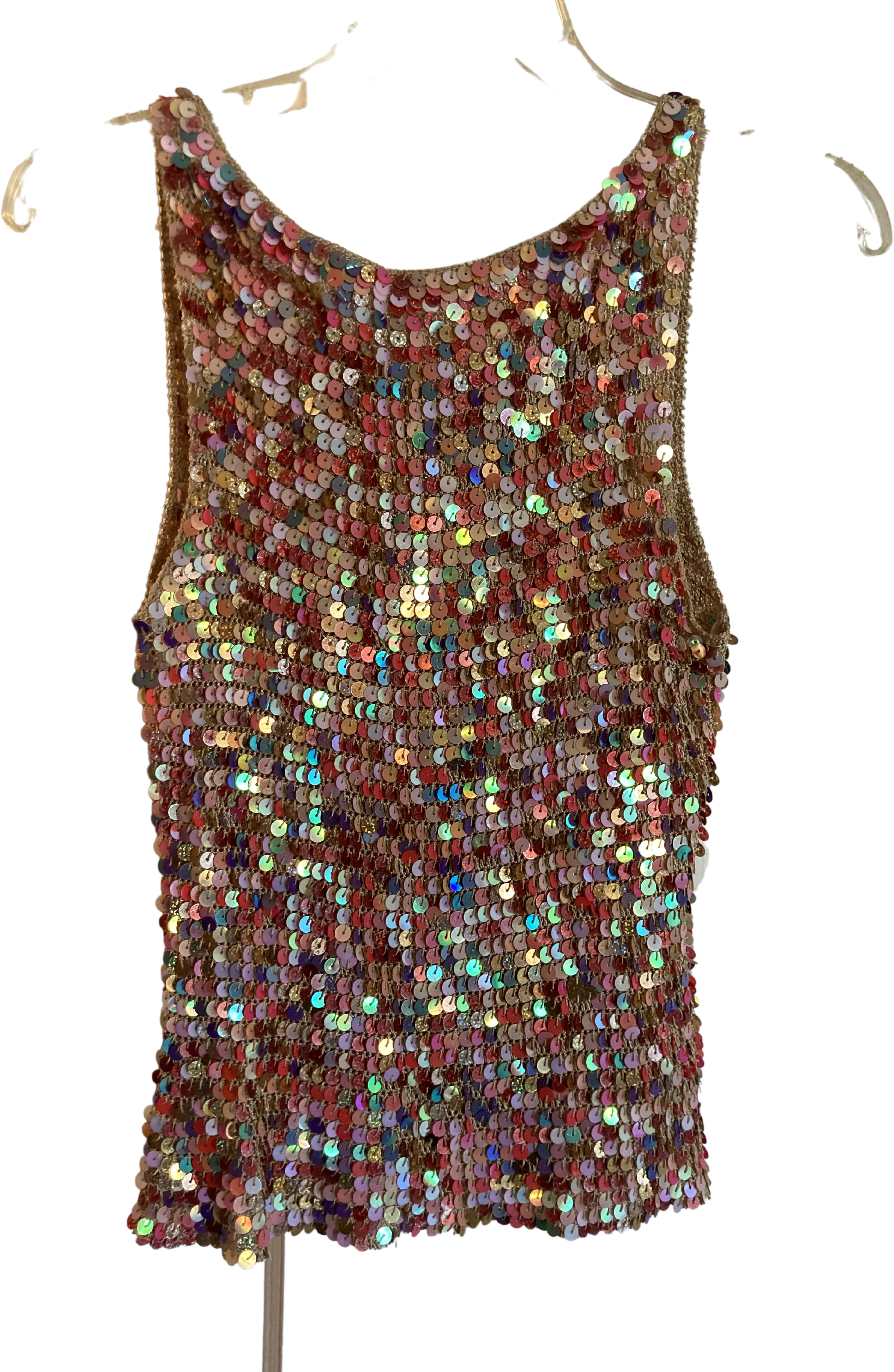 Vintage 90s Pink Sequins On Tan Knit Sleeveless Top | Shop THRILLING