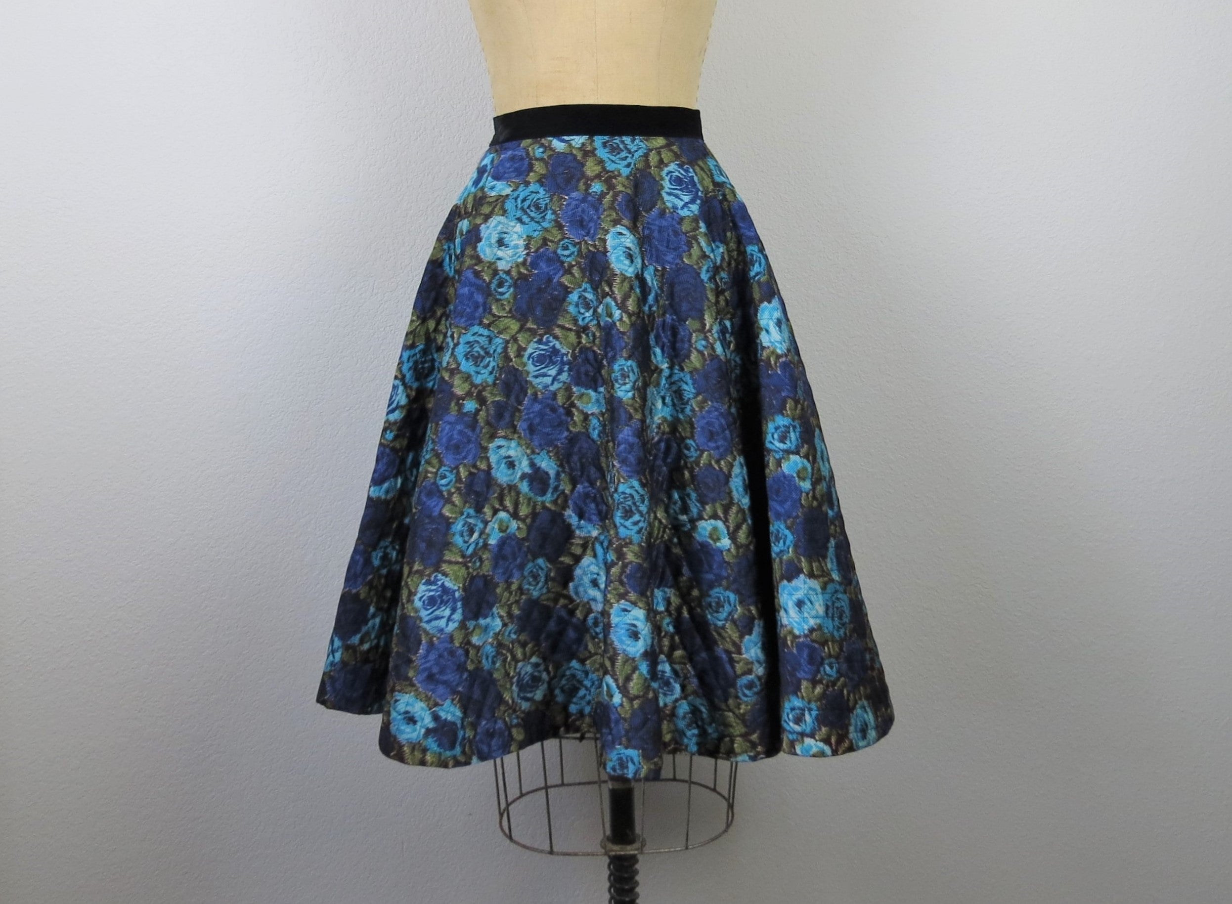 Vintage 50s Quilted Circle Skirt Rose Print Floral Fit Flare By Alson