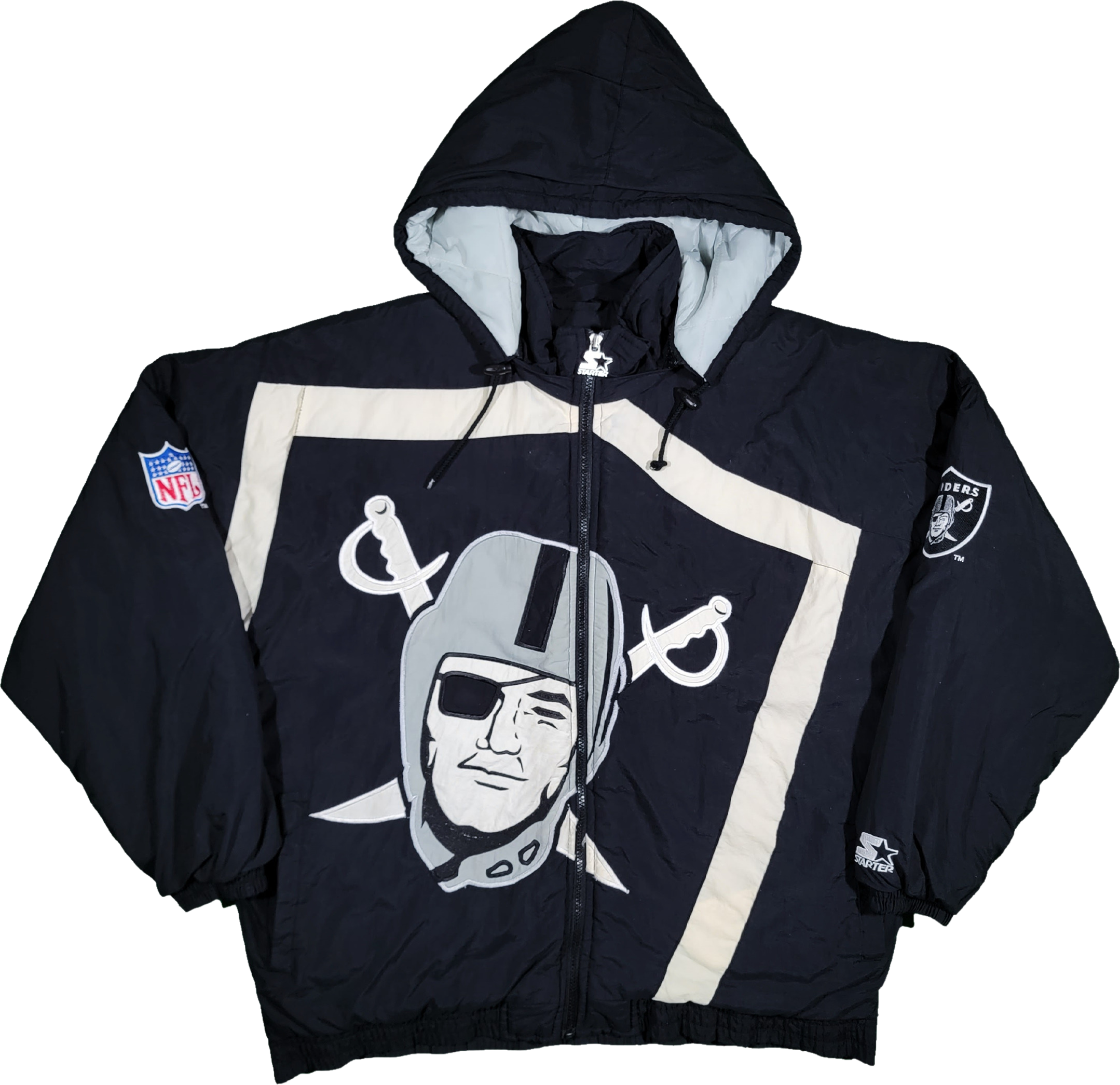 Oakland Raiders Jacket Hooded STARTER Football NFL Jacket HOODIE Jacket 90s  Streetwear Coat Hood Vintage Black Warm Medium Large