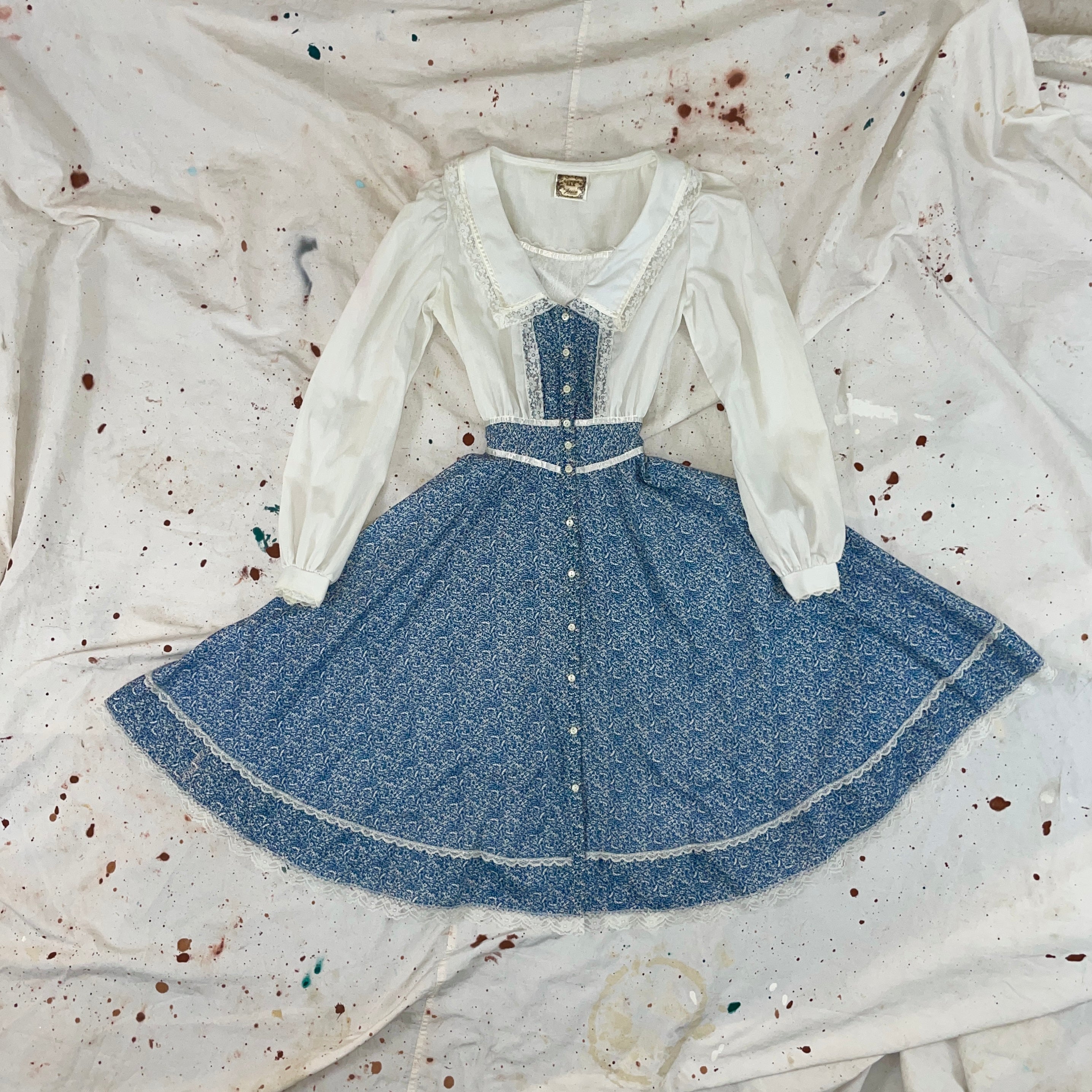 Vintage 70s Gunne Sax Blue/white Floral Print Prairie Dress By Gunne ...