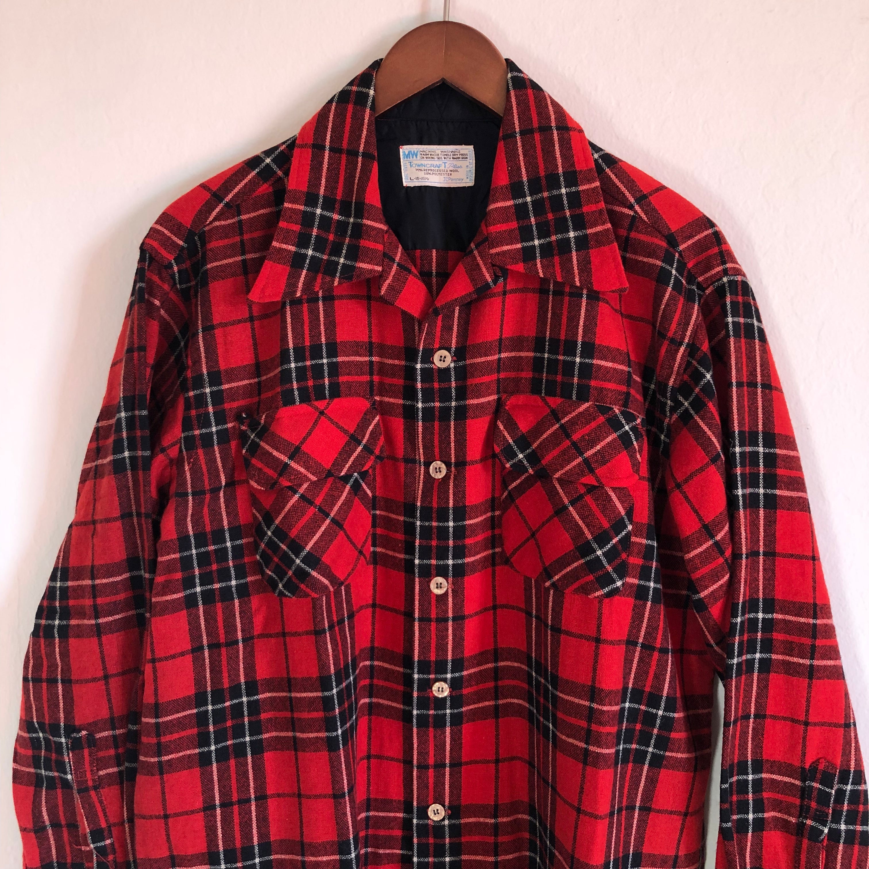 50s/60s Vintage Towncraft Flannel Red Black Plaid Wool By