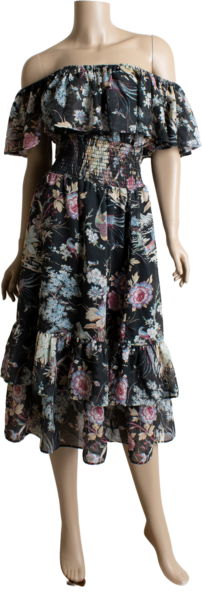 70s/80s Vintage Off The Shoulder Floral And Bird Dress Shop THRILLING