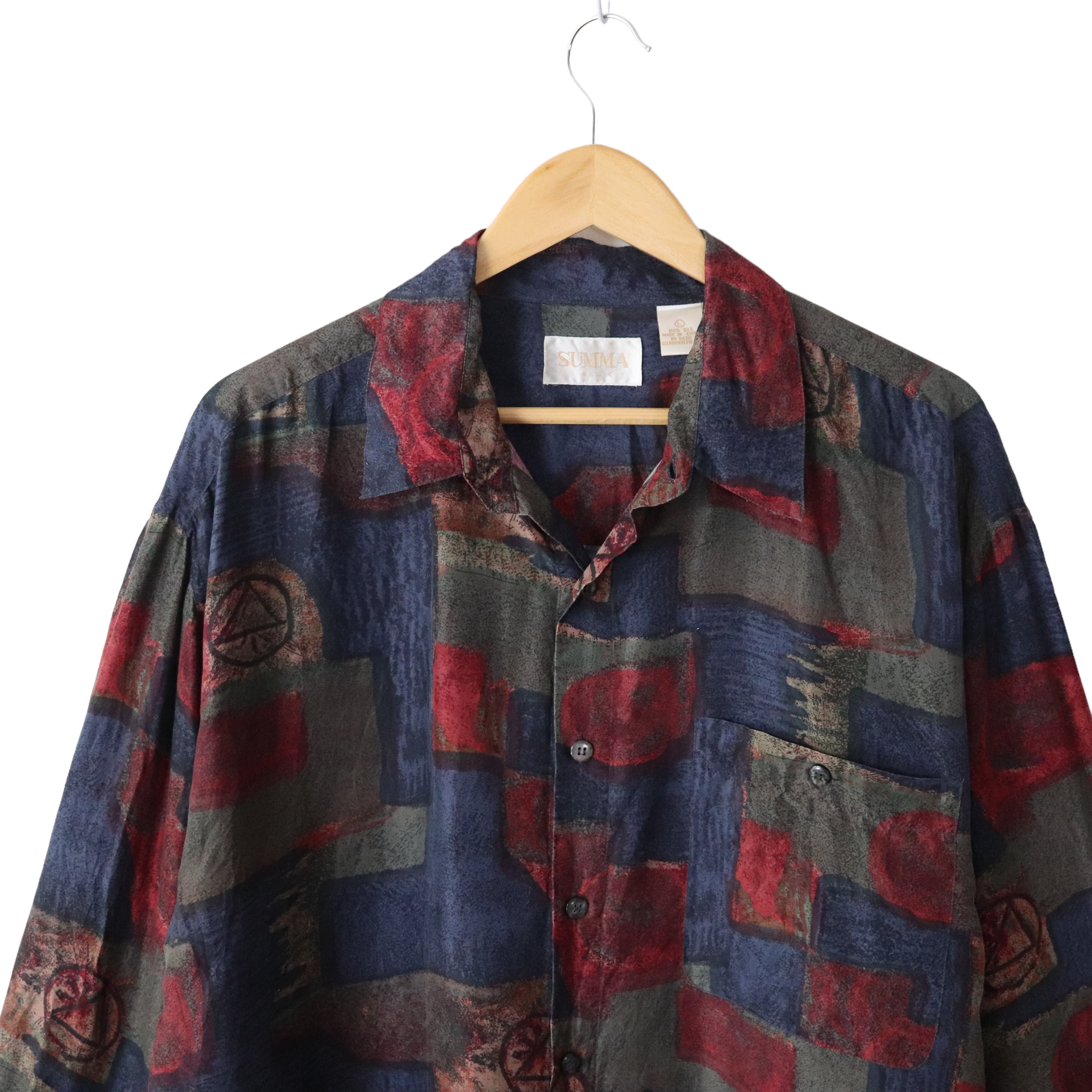 Summa Silk Shirt Mens XL 100% Silk Multicolor Geometric Button Up 90s Retro  VTG