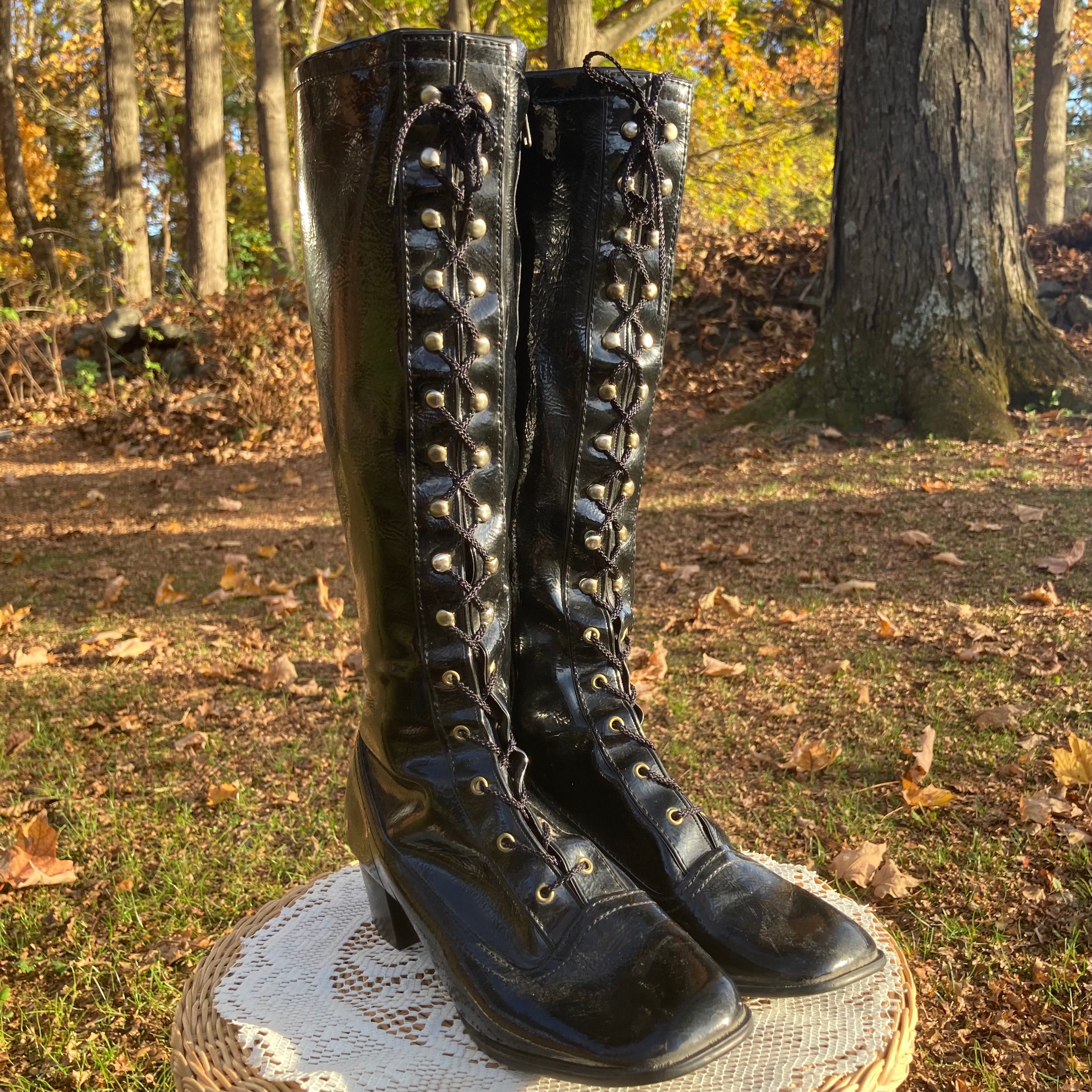 Vintage 60s/70s Black Leather Lace Up Mod Gogo Boots