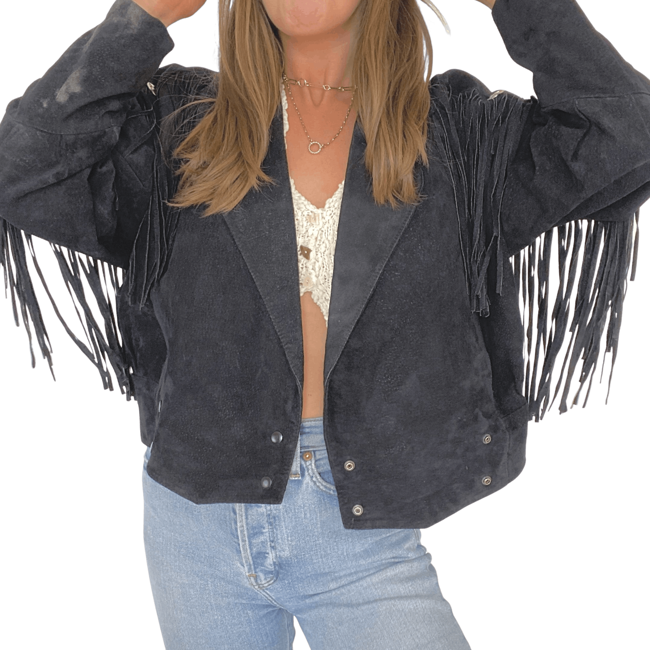 Vintage black suede fringe 2025 jacket