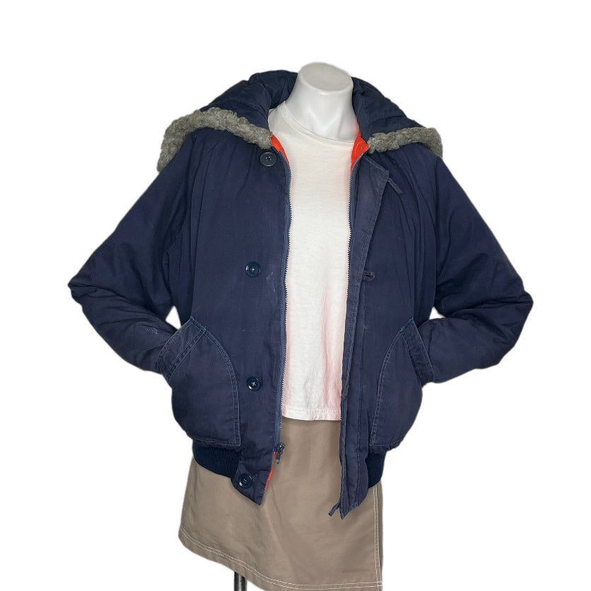 Vintage Goose Down Blue Bomber Jacket Hood Orange Lining By Sears Shop THRILLING