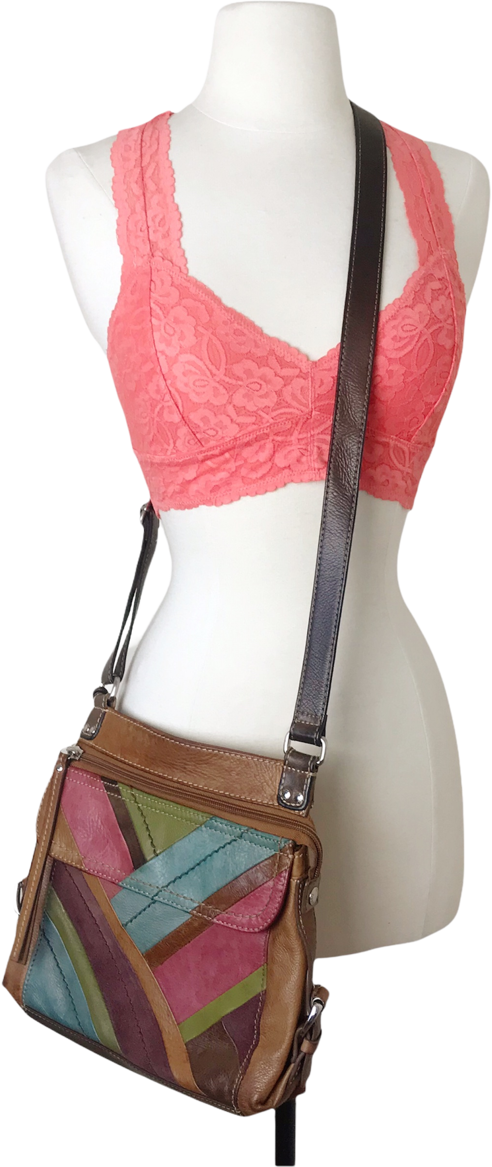 Fossil Heart Leather Mixed Media Patchwork Crossbody Bag
