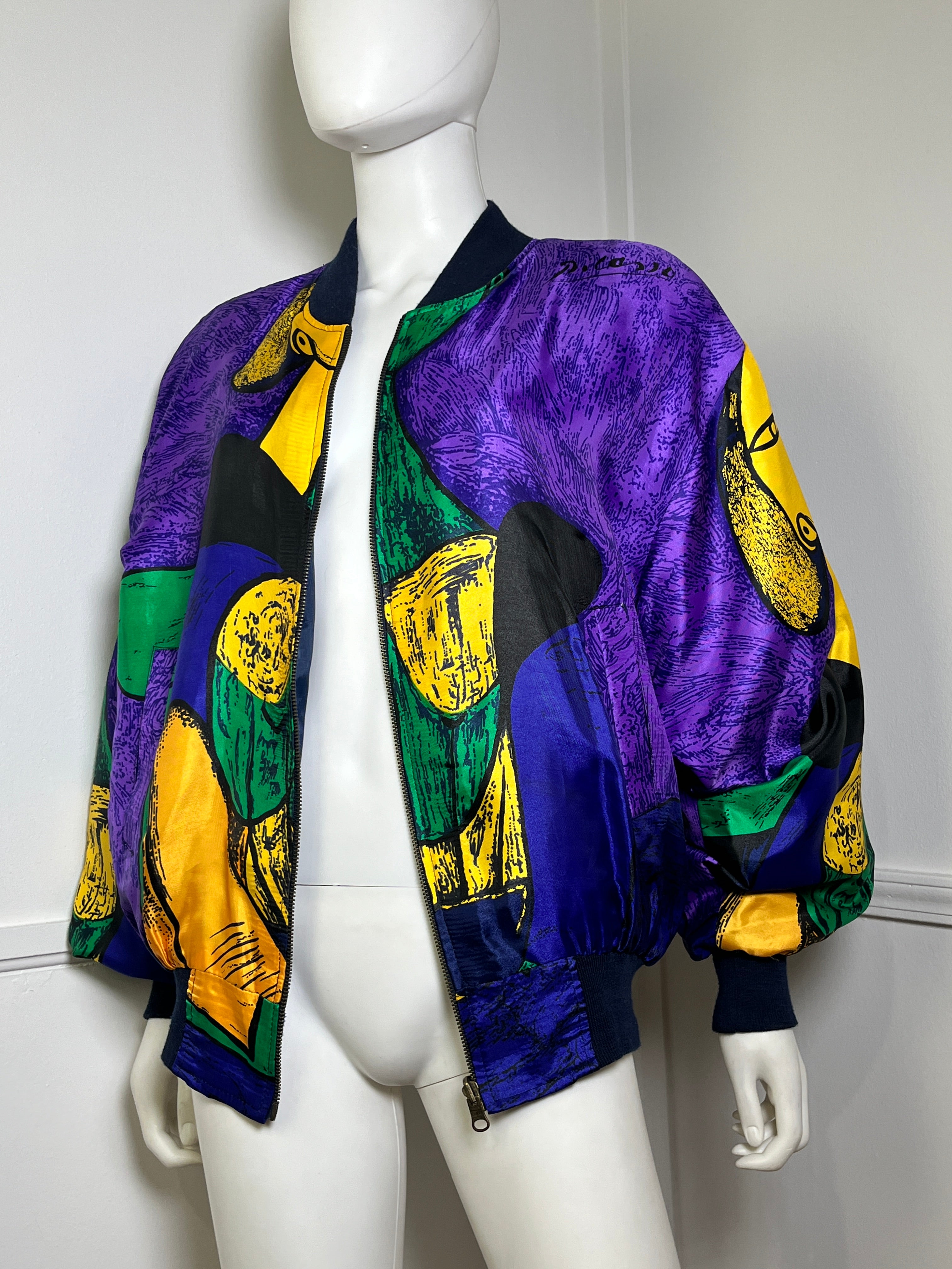 Vintage Picasso Bomber Jacket Womens Large L Silk Colorful