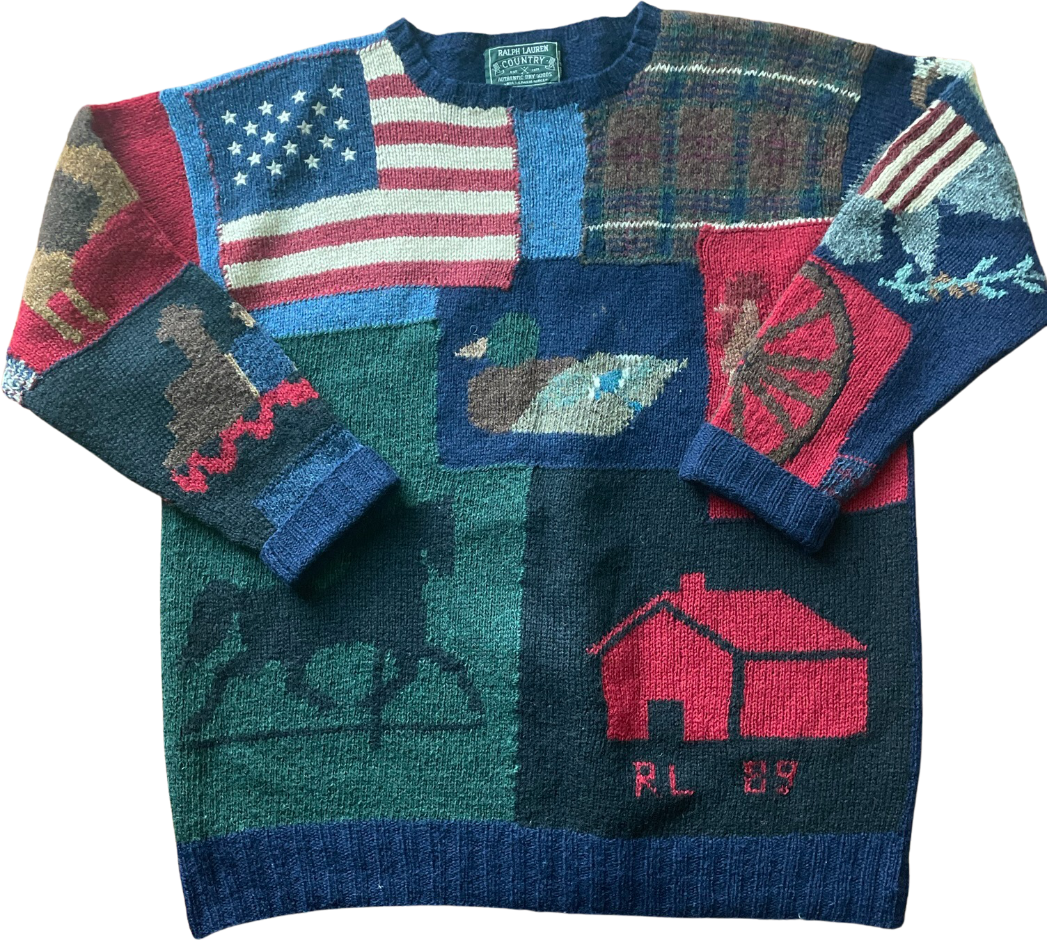 Vintage 80's Polo Country Knit Wool Patchwork Sweater by Polo