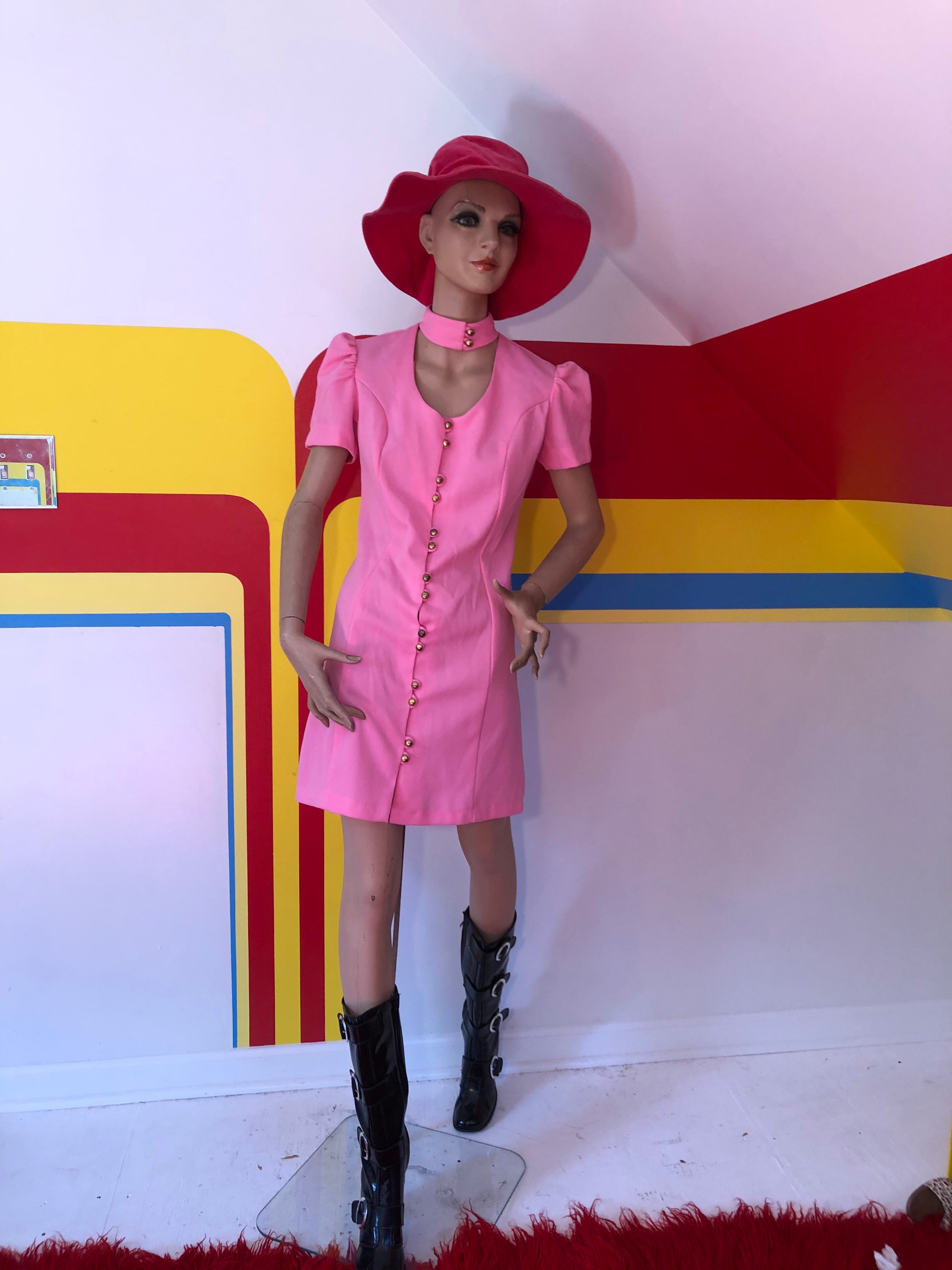 Vintage 60s/70s Pink Gogo Dress With Gold Buttons And Cutout