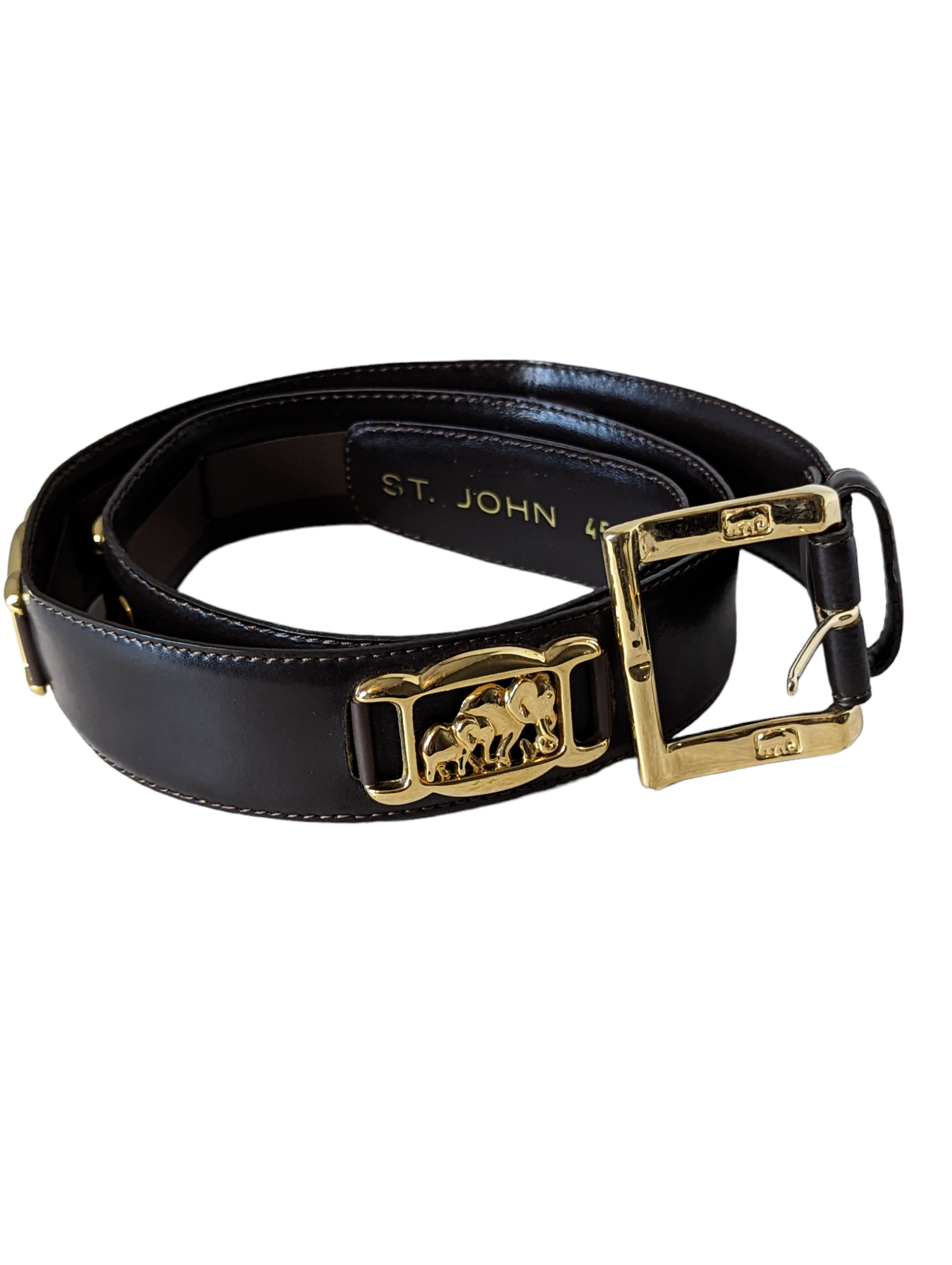 Vintage St John Black Leather & Gold Tone Elephant Safari Belt high quality