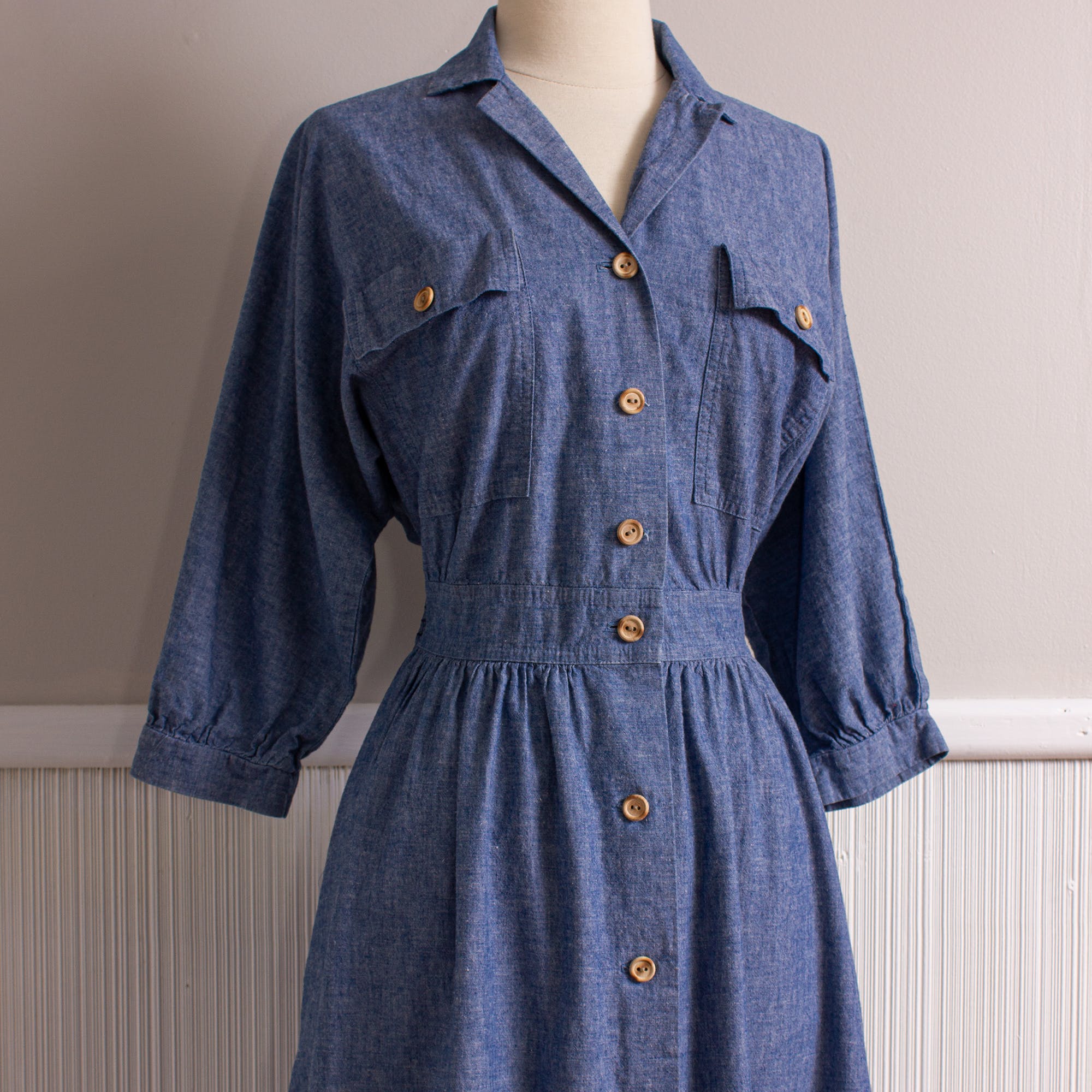 Vintage 80s Blue Chambray Dress, French Cuff & Lace Details S