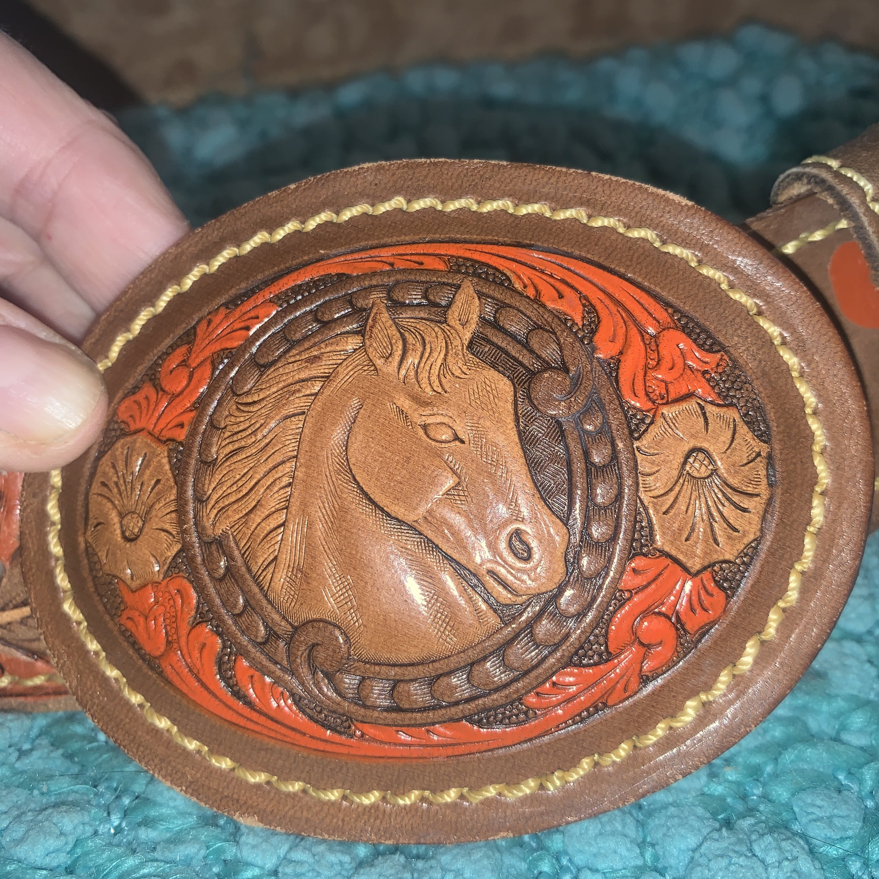 70's Tooled Leather discount Belt and Removable Tooled Leather Horse Buckle