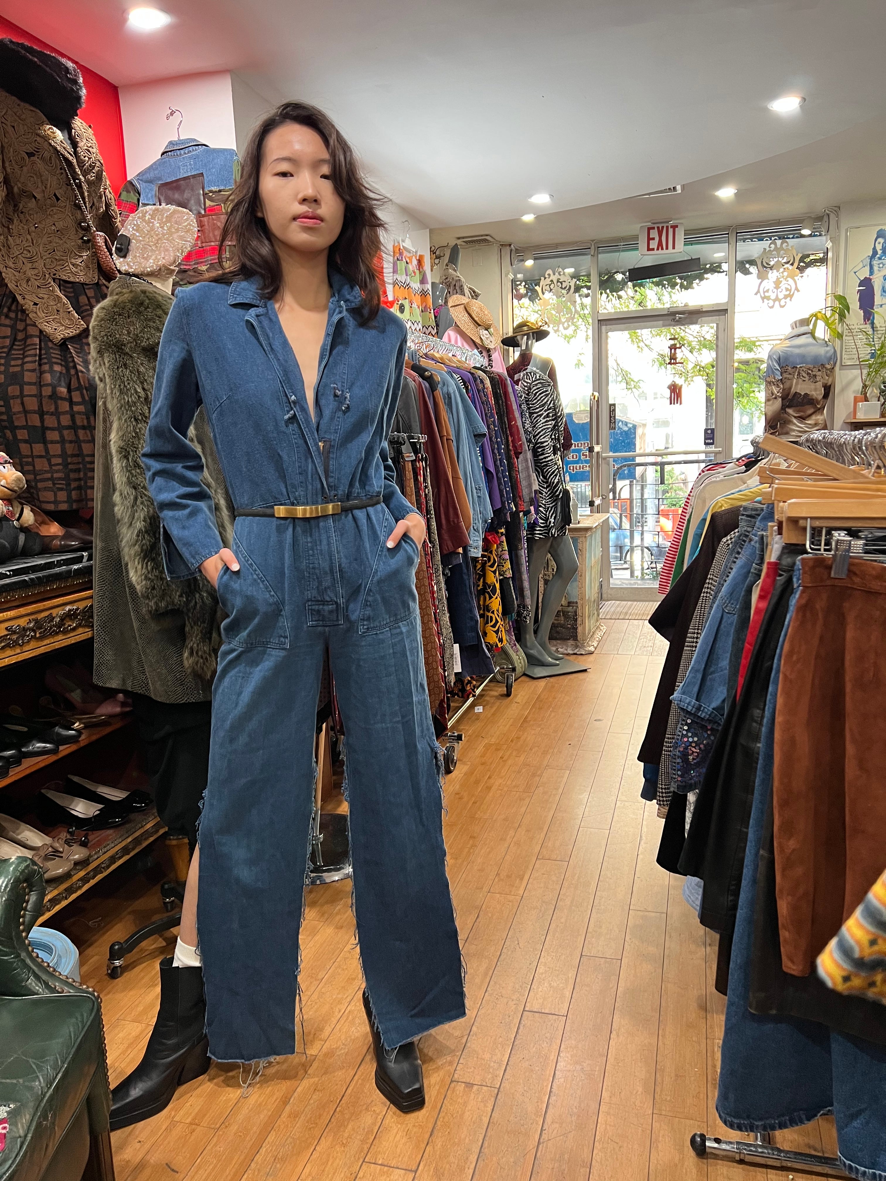 Women Vintage Solid Denim Long Sleeve Hooded Jumpsuits