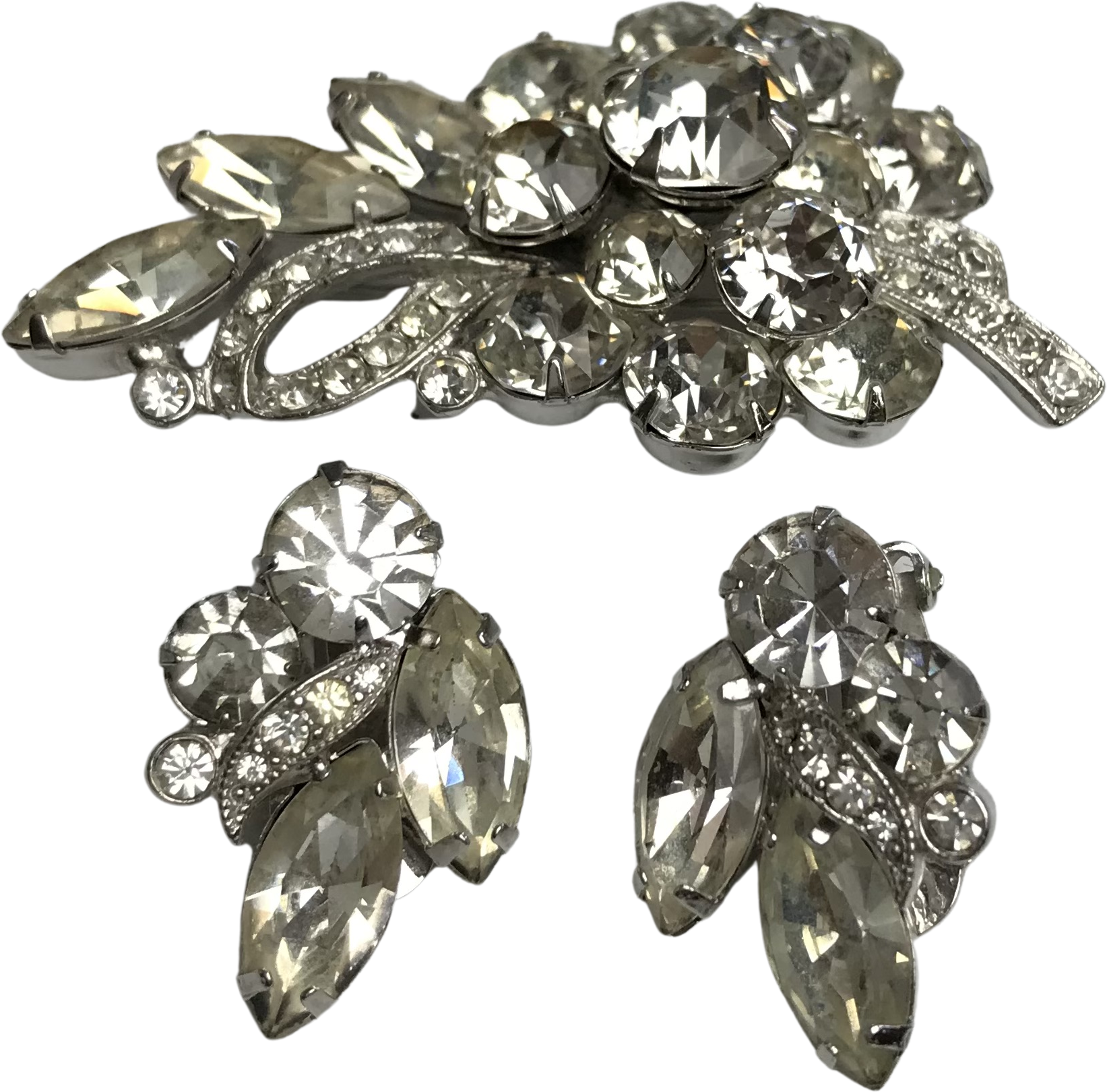 Vintage Eisenberg Clear Crystal Rhinestone Brooch & Earring Set