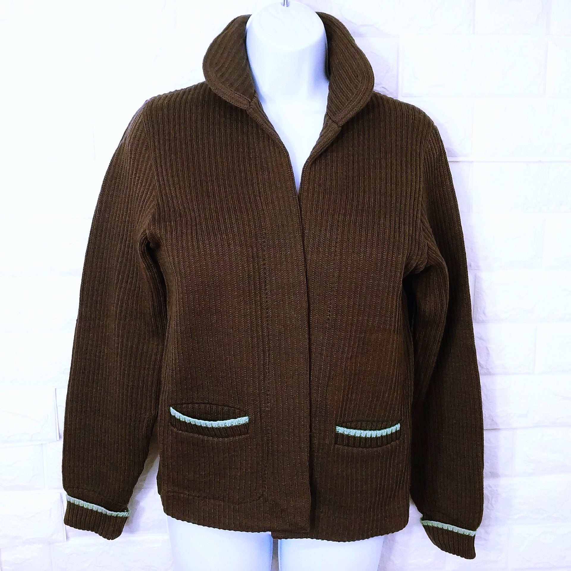 Vintage 50s Thick Ribbed Knit Open Cardigan Sweater Varsity By