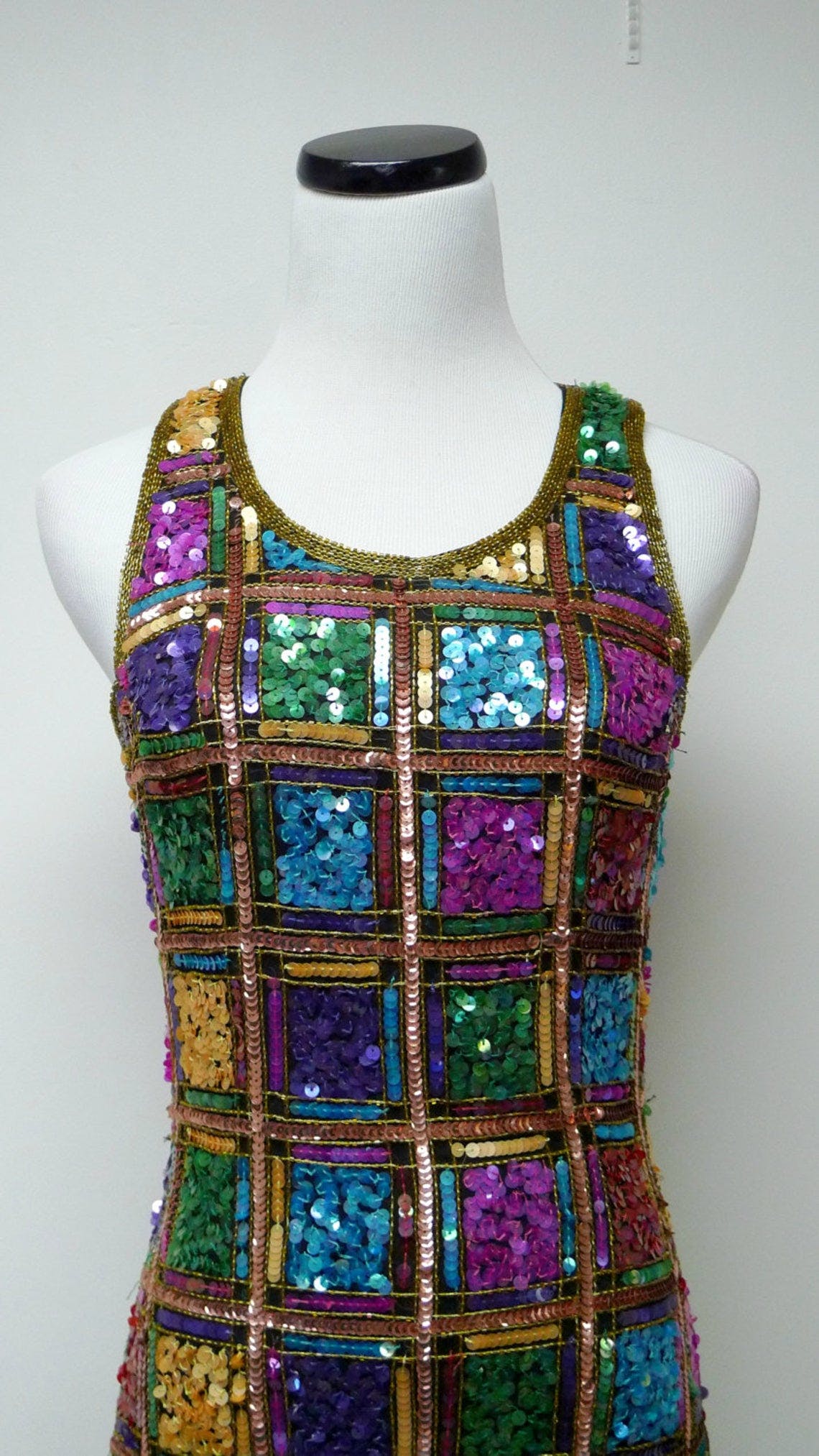 Vintage 80's Golden Square Beaded Sleeveless Silk Dress by Laurence