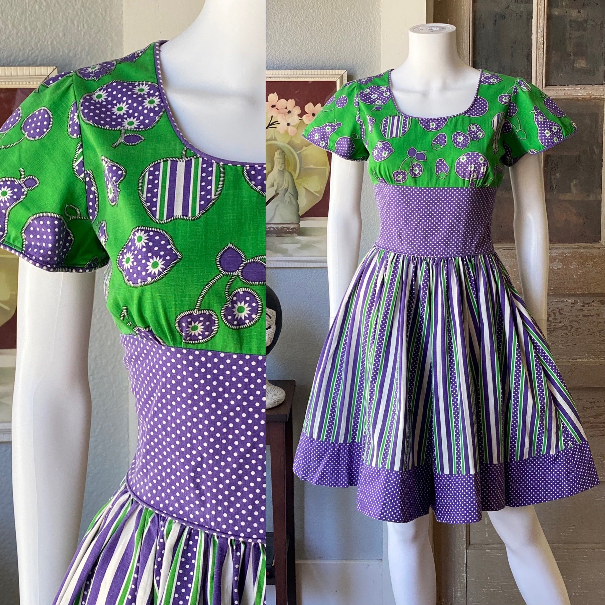 Vintage 70s Novelty Fruit Print Dress Shop THRILLING