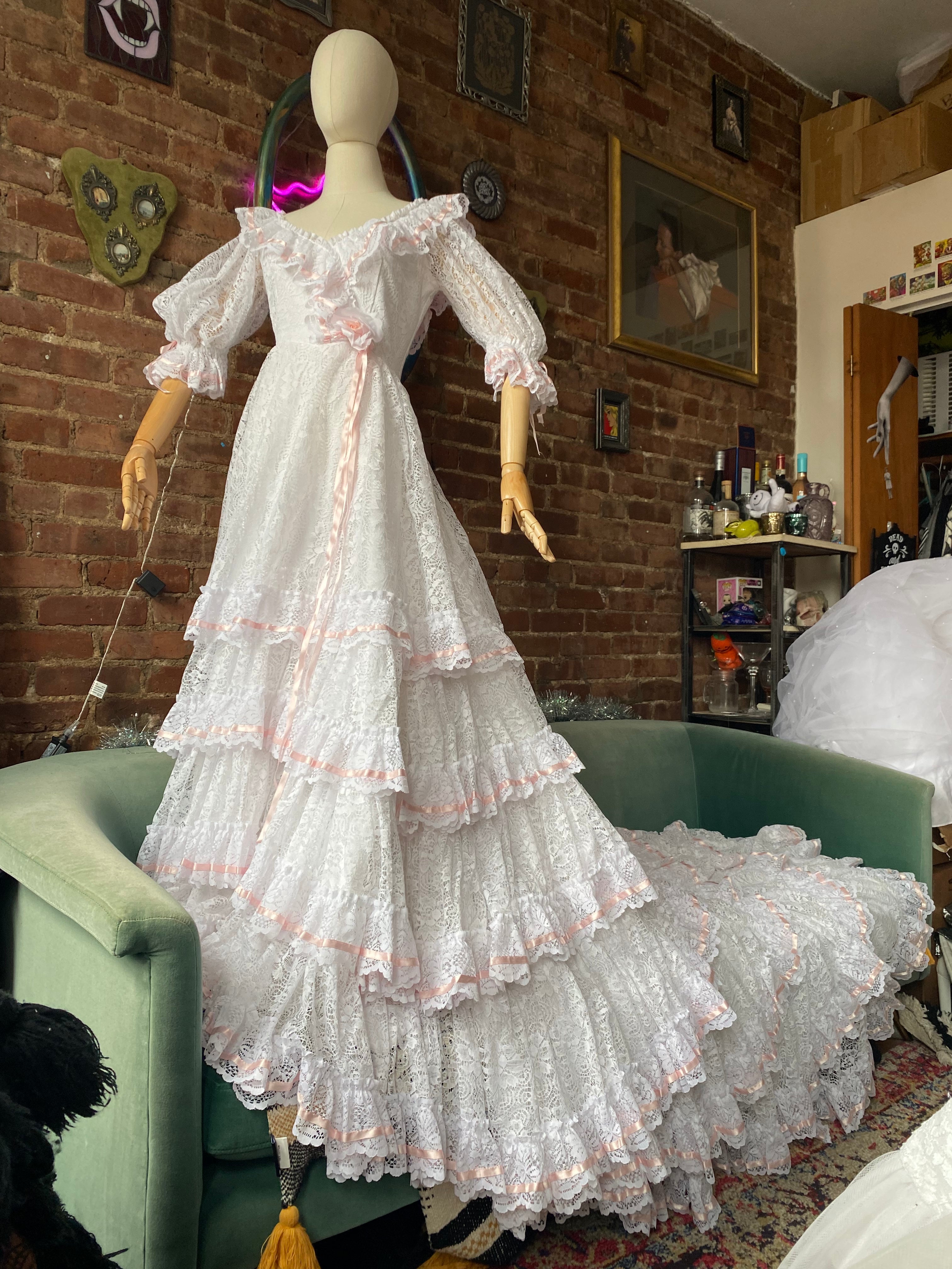 vintage 80s wedding dress Vintage 70s Floral Lace Tiered Gown By Bridallure by Alfred Angelo