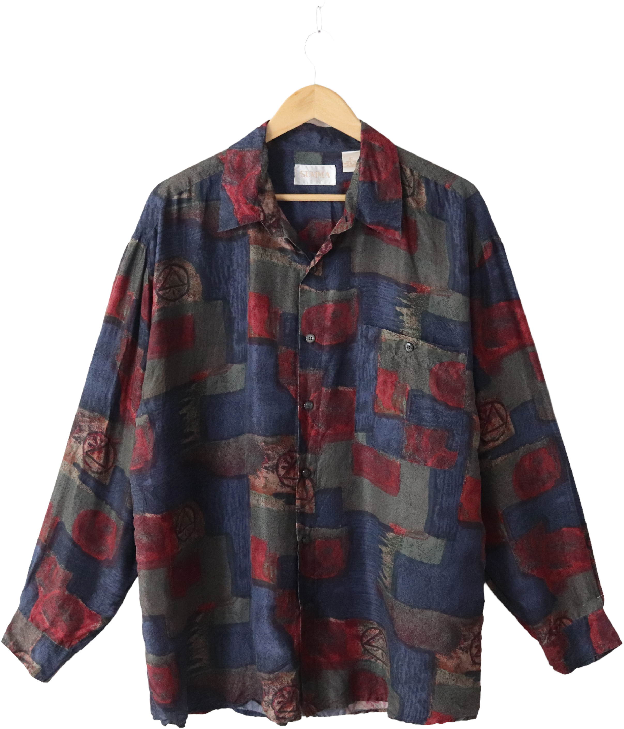 Summa Silk Shirt Mens XL 100% Silk Multicolor Geometric Button Up 90s Retro  VTG