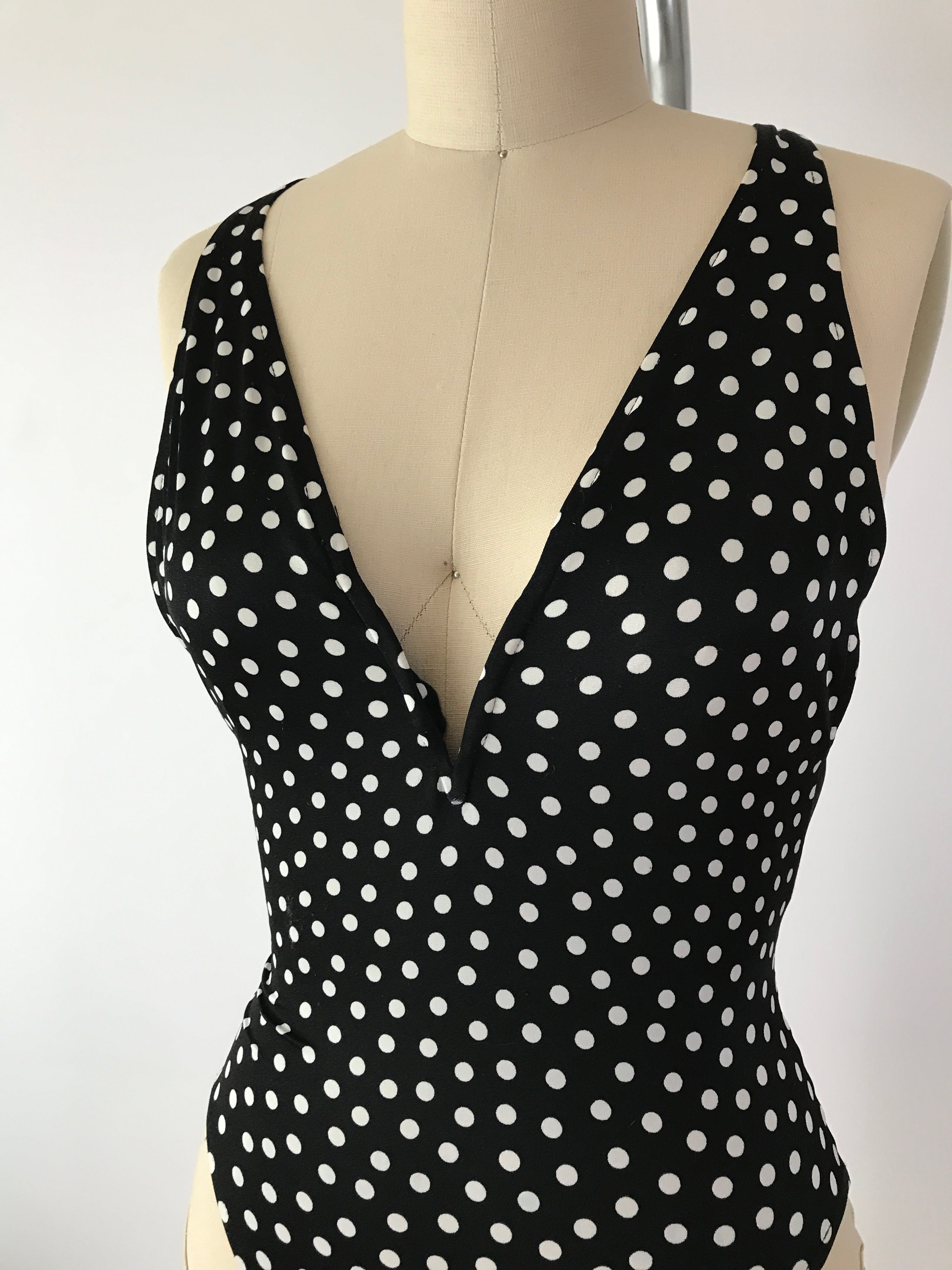 Vintage 70s Polka Dot Open Bow Back Swimsuit By Bill Blass Shop