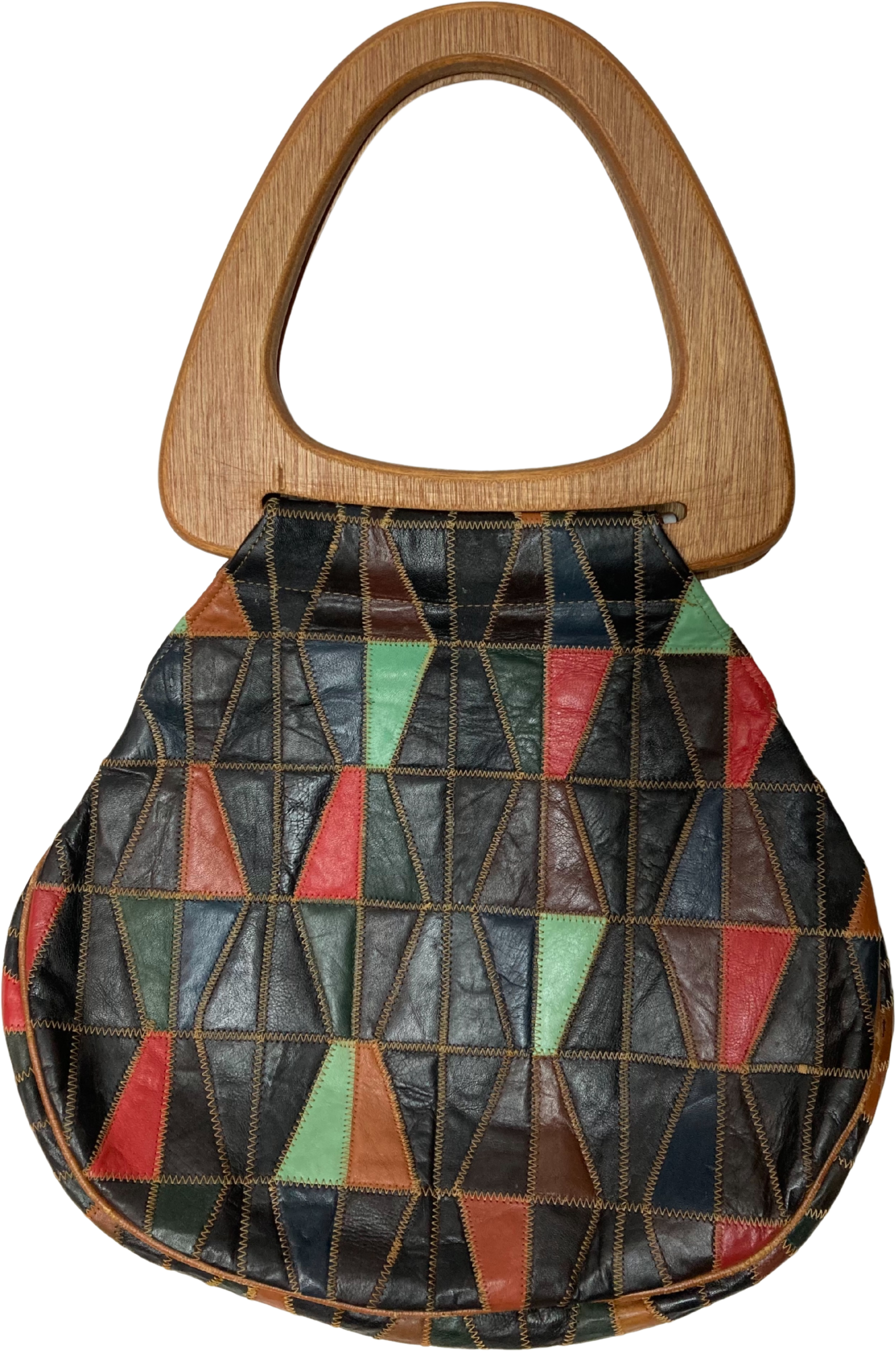 70’s Leather Patchwork and Wooden Handle Bag