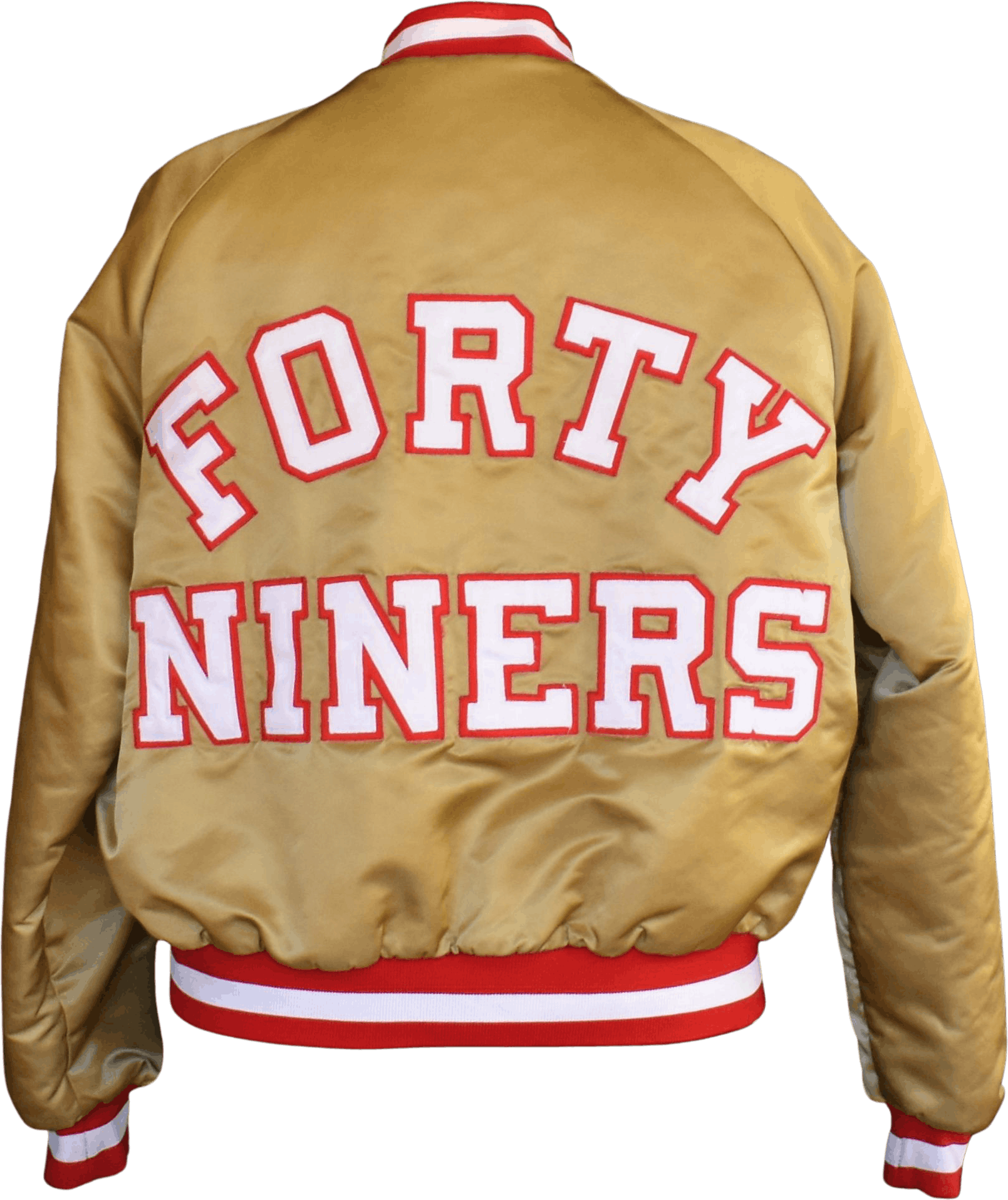 San Francisco 49ers Vintage 80's Spell Out Chalk Line Satin Gold Bombe –  thefuzzyfelt