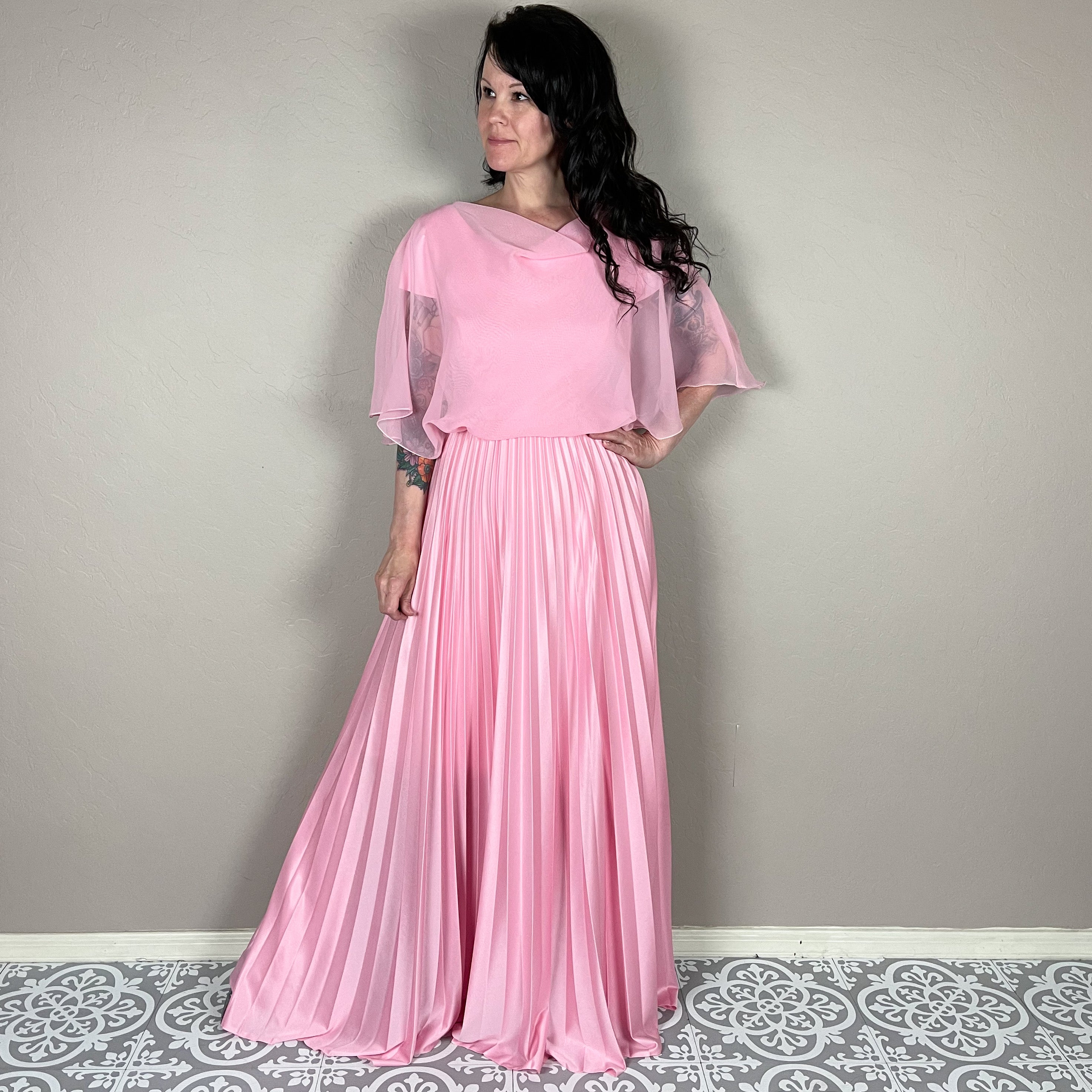 Vintage Pleated Waist Cinched Long Bubble Sleeve Beading A Line Pink Party Dress main image 1