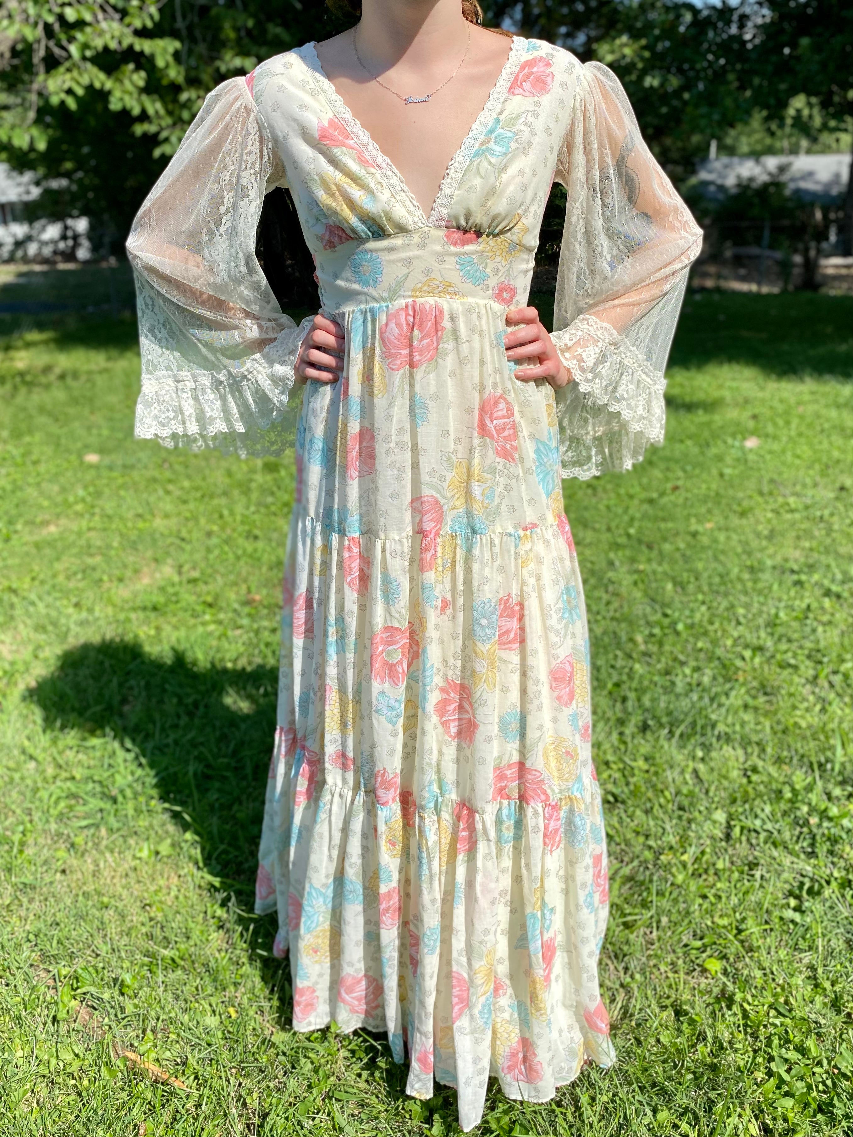 Vintage 70s Boho Floral Maxi Dress Amazing Lace Angel Sleeves | Shop ...