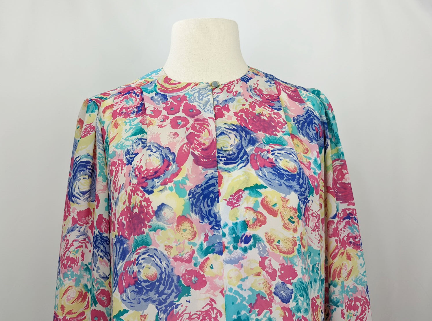 Vintage 80s White Floral Semi Sheer Soft Pleats Blouse By Deborah Barry