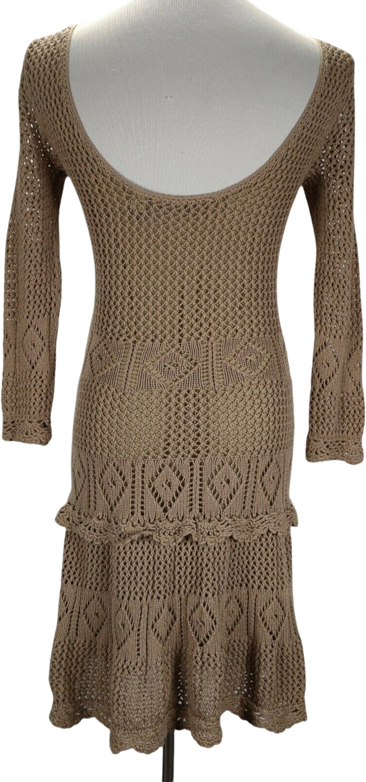 Vintage 00s Tan Long Sleeve Crochet Knee Casual Boho Dress By Moda