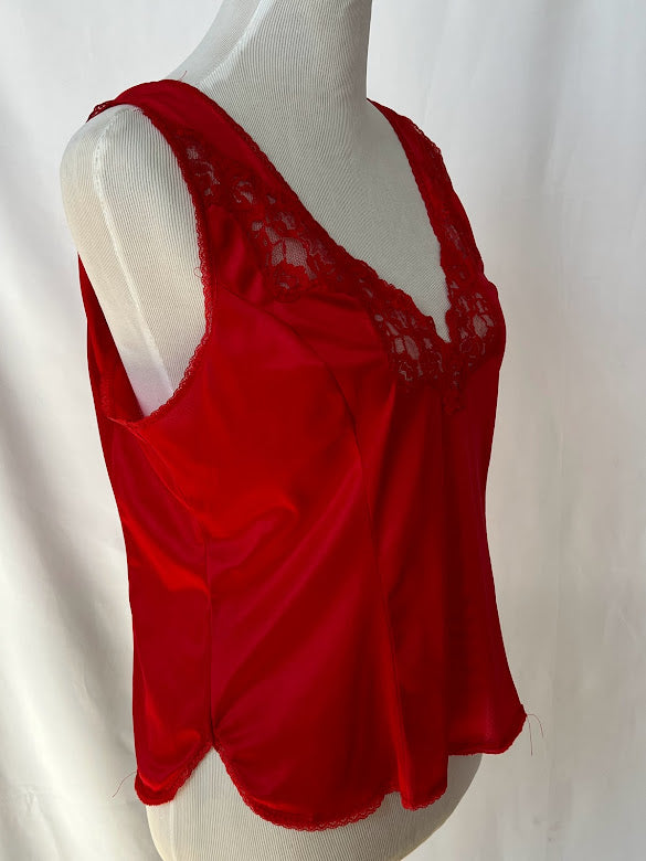 Vintage 60s 70s Cherry Red Silky Camisole With Lace Details By Bestform