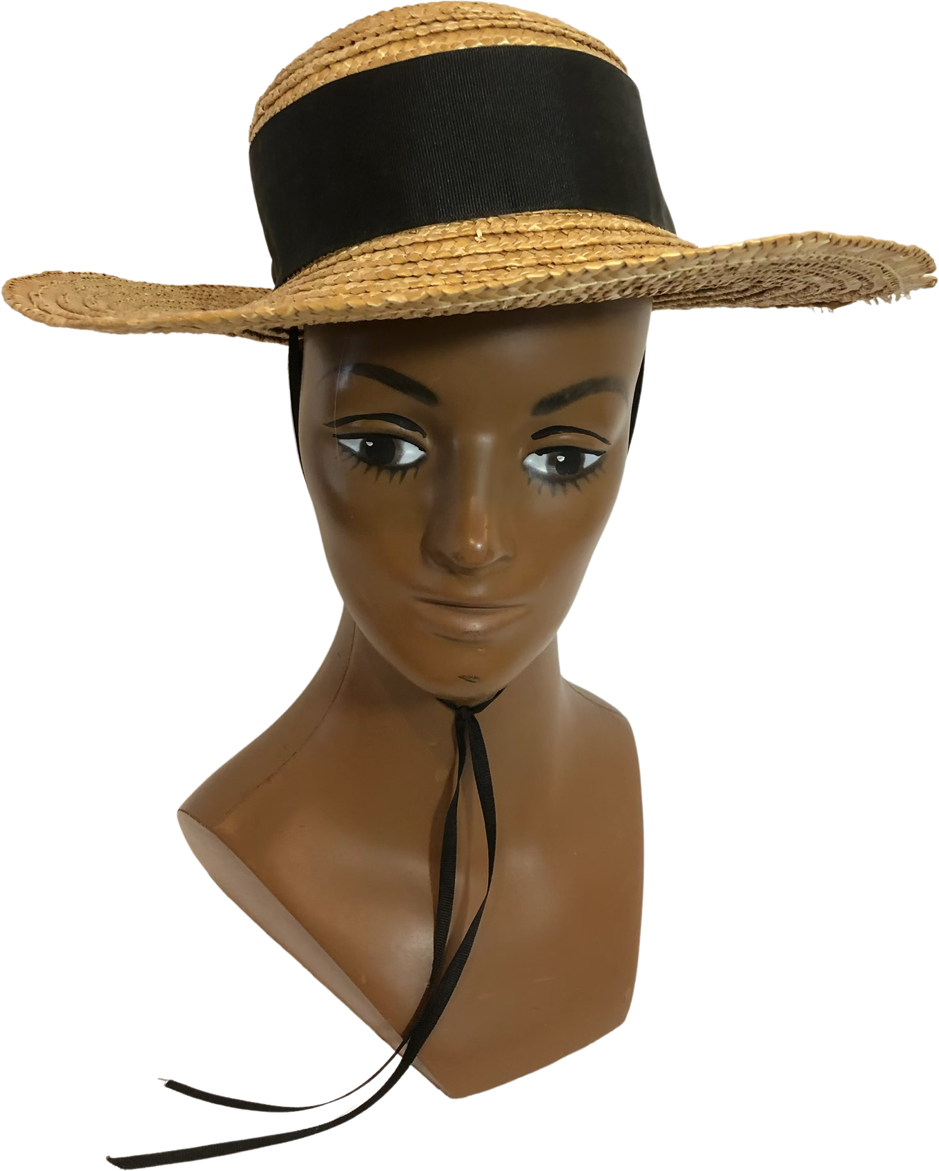 50s Vintage Large Brim Straw Sun Hat Wide Black Ribbon Shop THRILLING