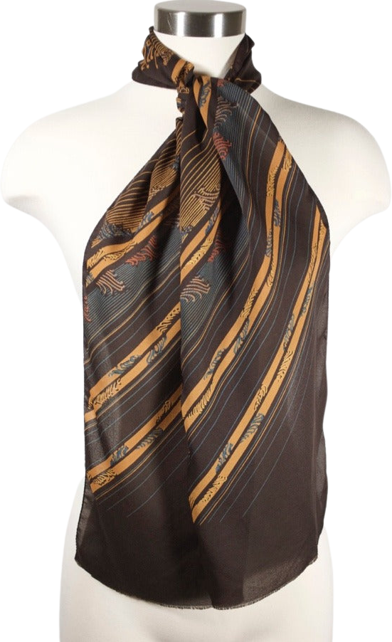 Long rectangular chiffon scarf ascot 70s brown tan teal stripe 60