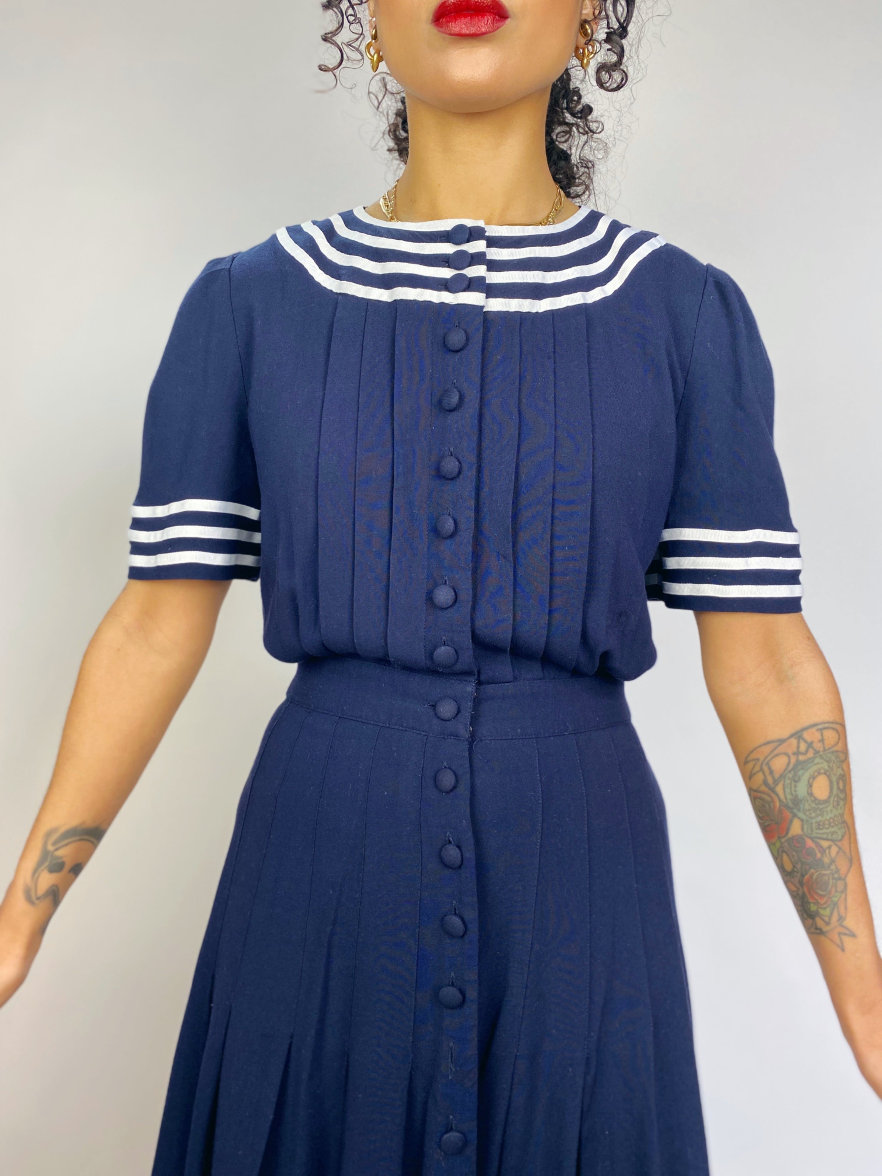 Vintage 80's Navy Blue Sailor Dress by Plaza South Petites