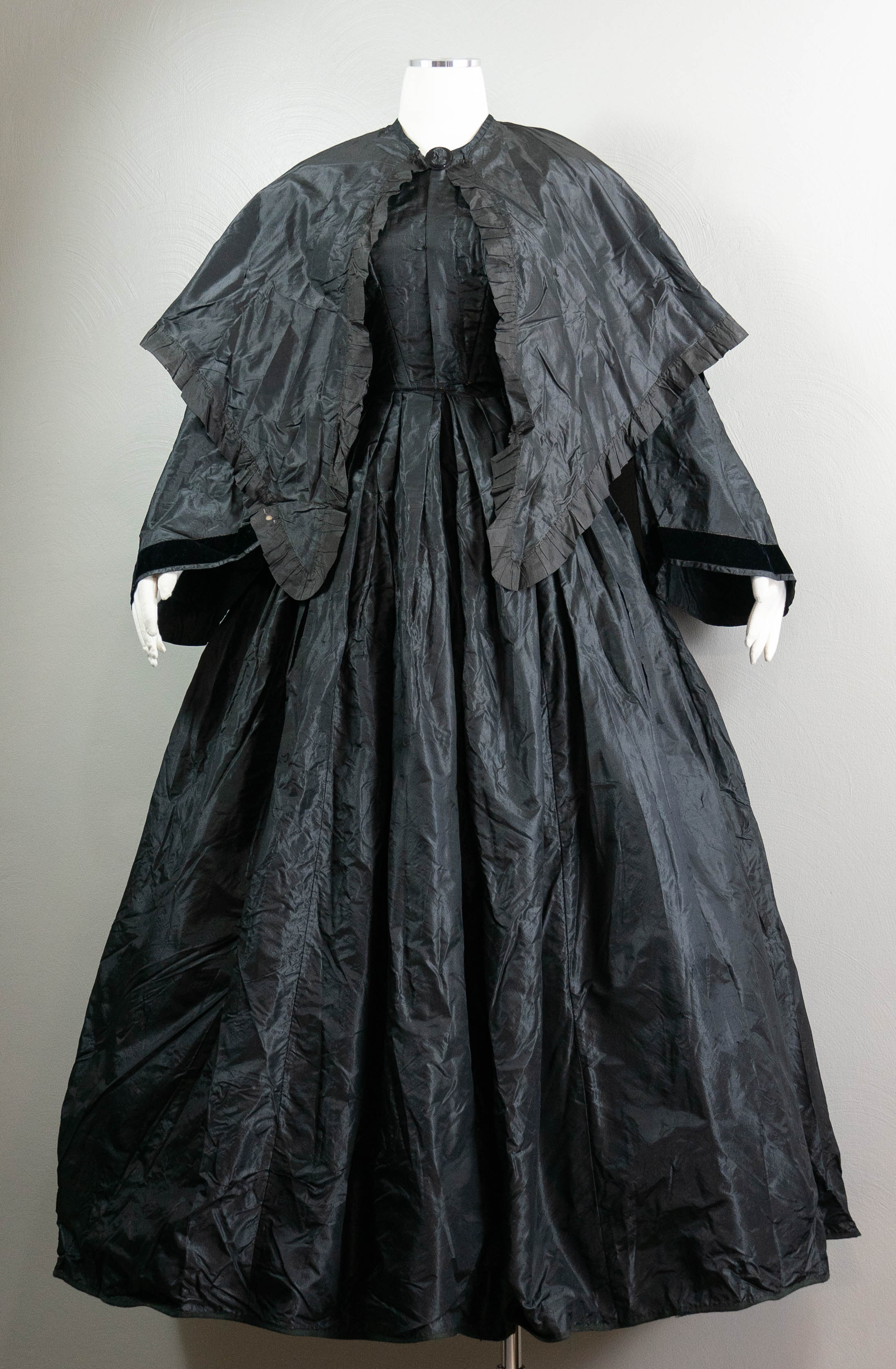 Vintage Victorian Dark Romantic Black Silk Mourning Dress With Cape By  1850s