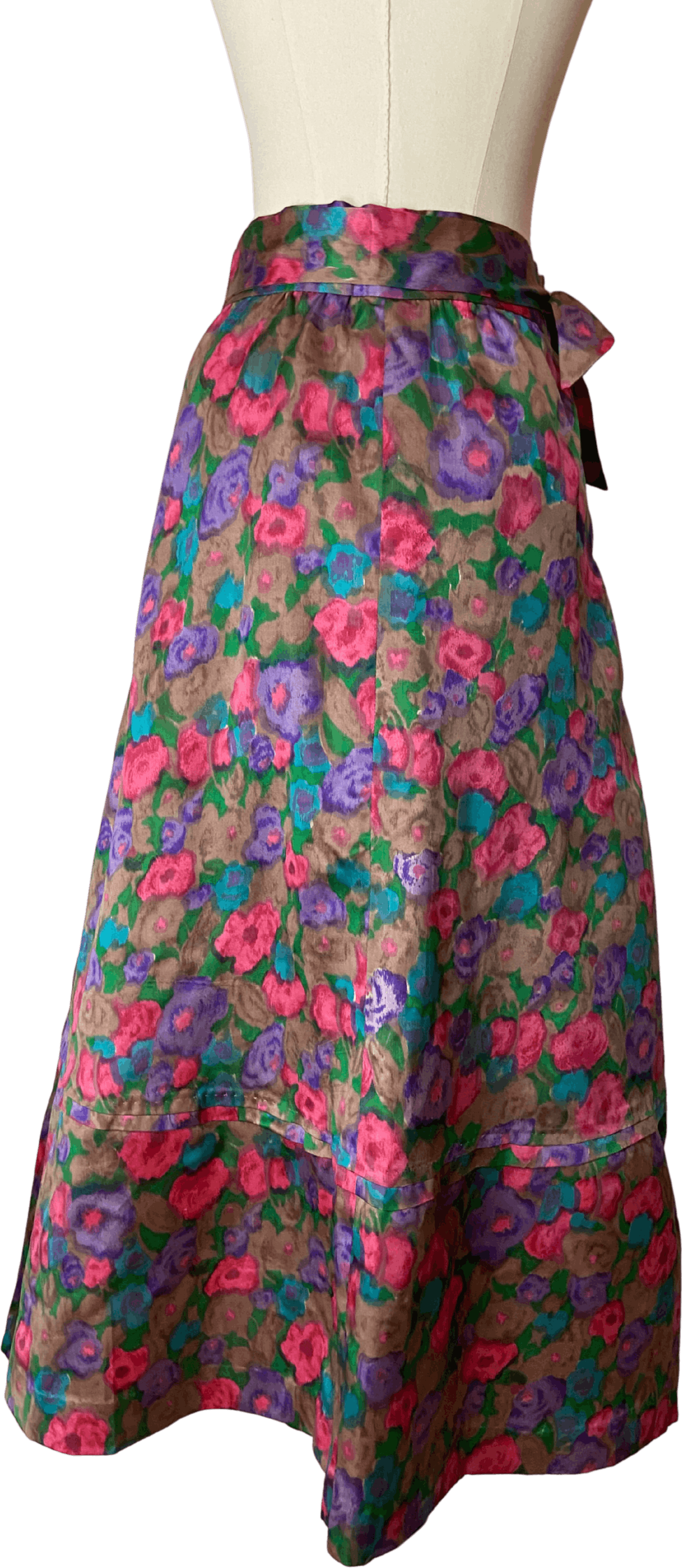 Vintage 60’s Watercolor Floral Satin Tie Waist Midi Skirt Shop THRILLING