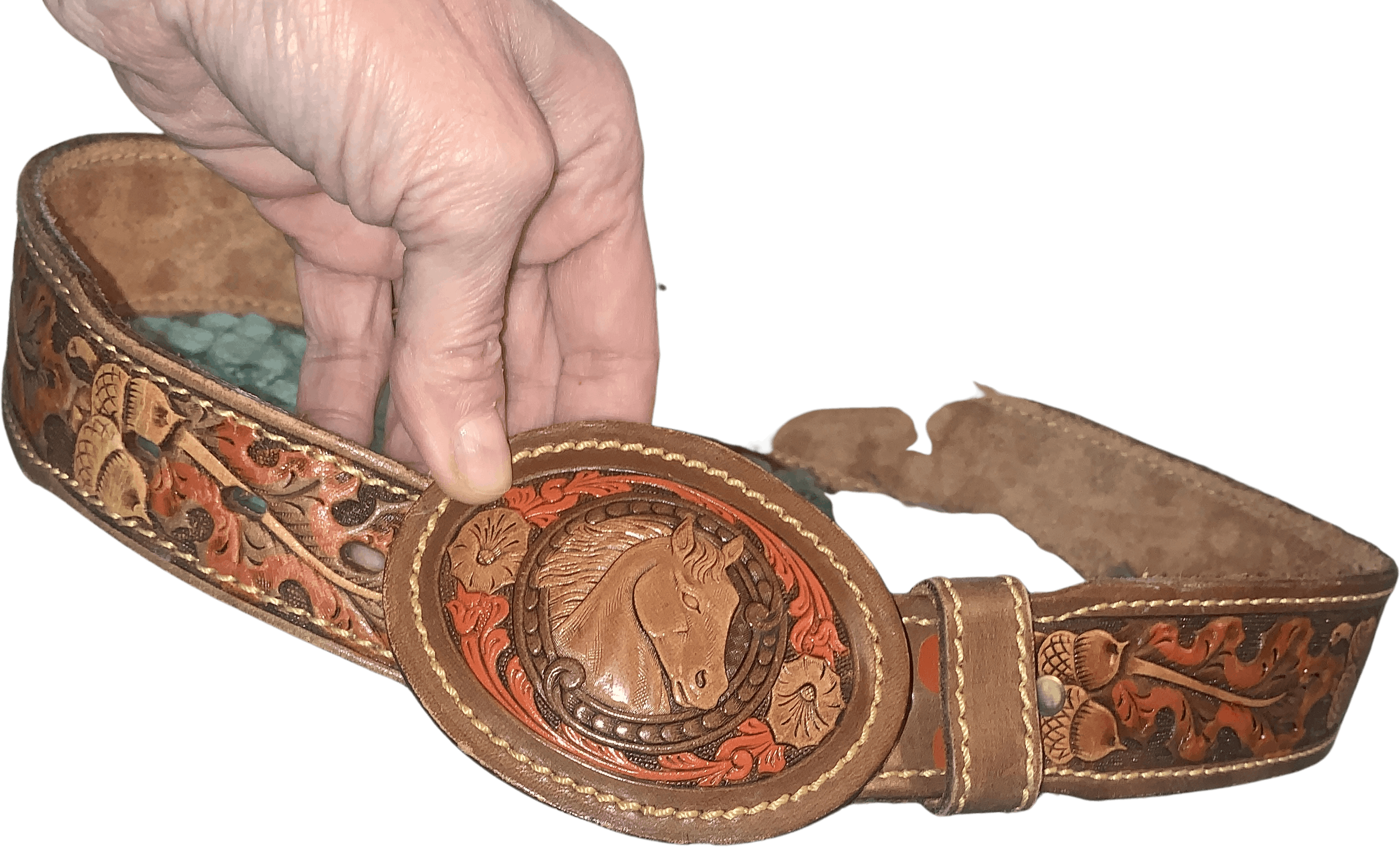 70's Tooled Leather discount Belt and Removable Tooled Leather Horse Buckle