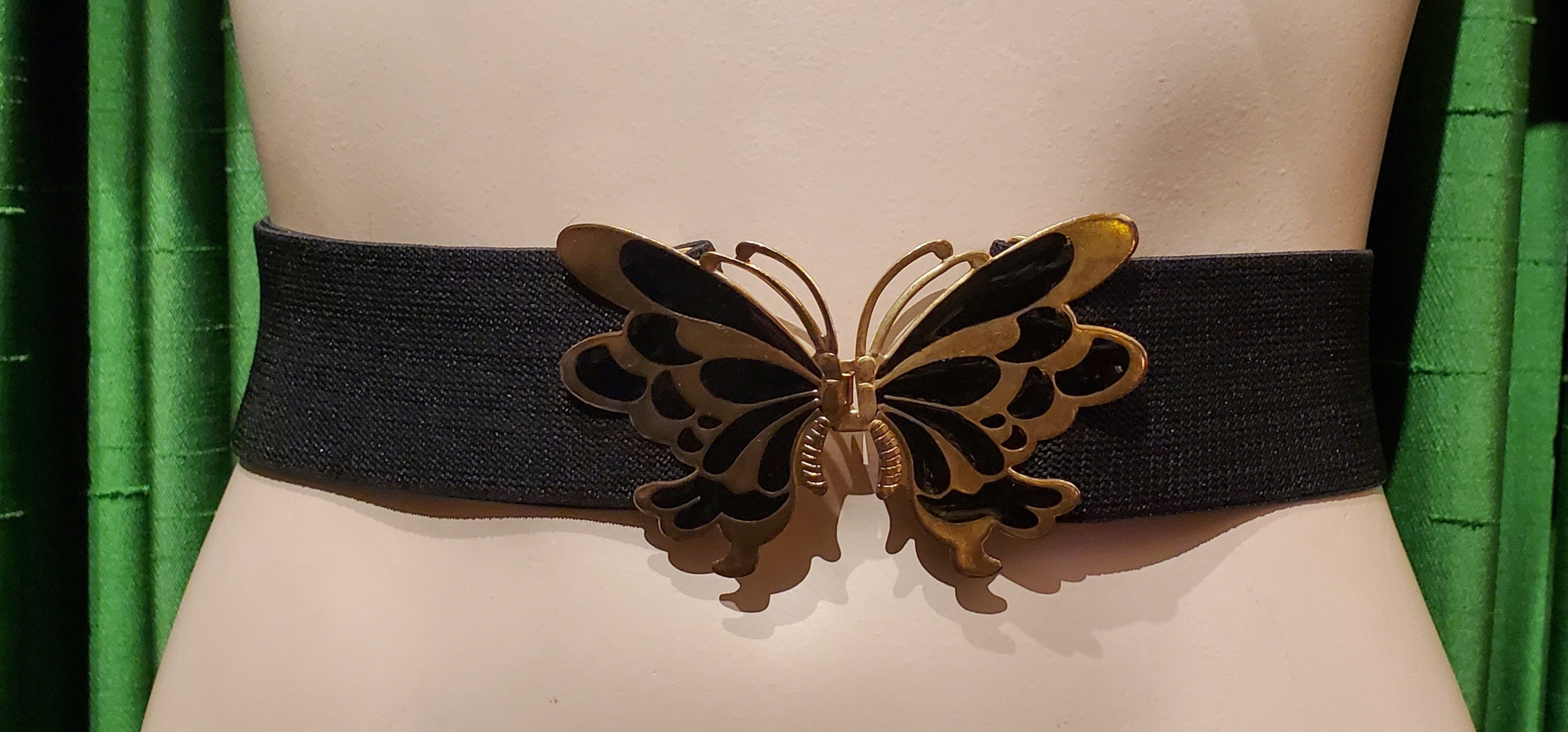 Vintage 80s Iconic Deadstock Black Gold Butterfly Cinch Belt  display picture 2