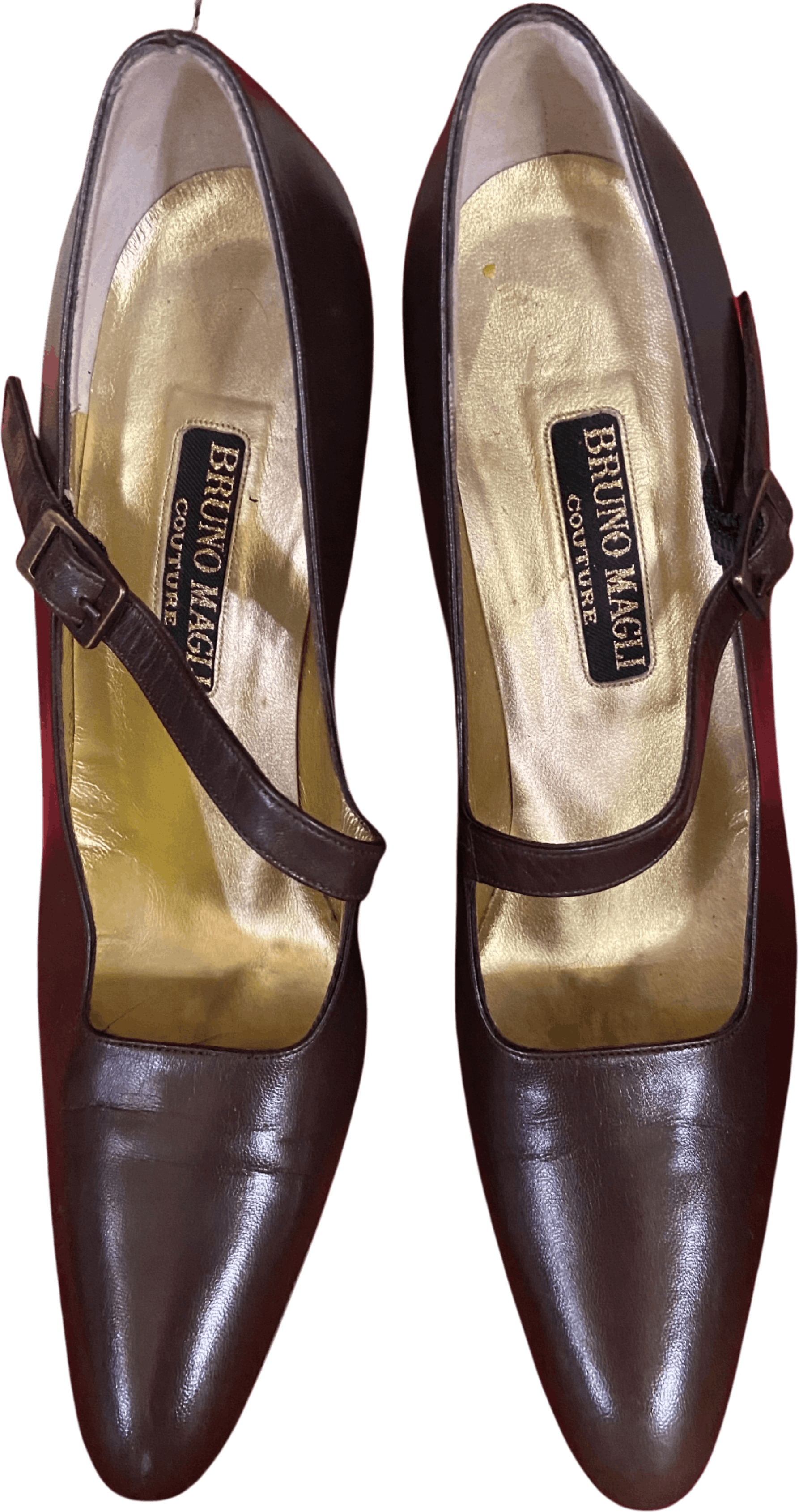 Vintage 90 s Brown Leather Mary Jane Heels with Asymmetrical Heels