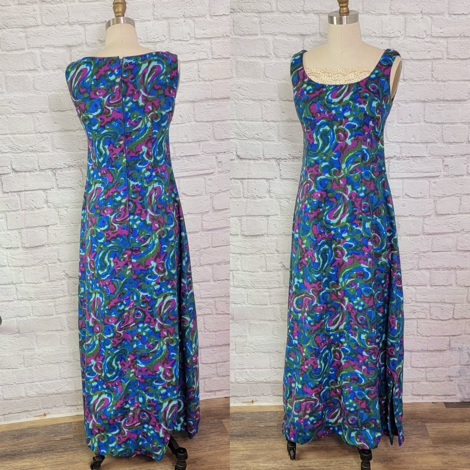 VTG 60s 70s PURPLE PINK GREEN BEIGE FLORAL GEOMETRIC SLEEVELESS MAXI DRESS 10 main image 1