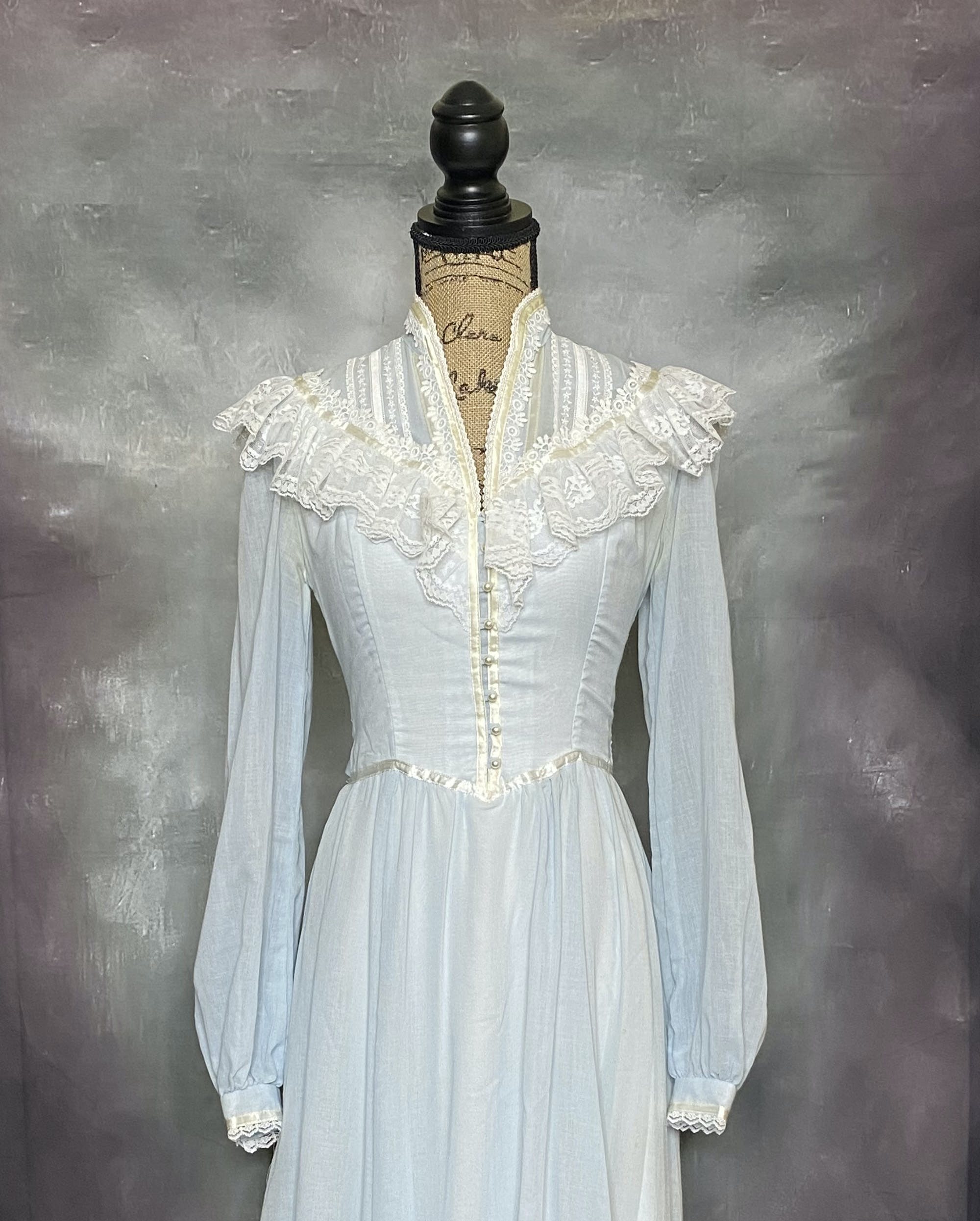 Vintage 70's Romantic Satin and Lace Maxi Prairie Dress In Light Blue ...