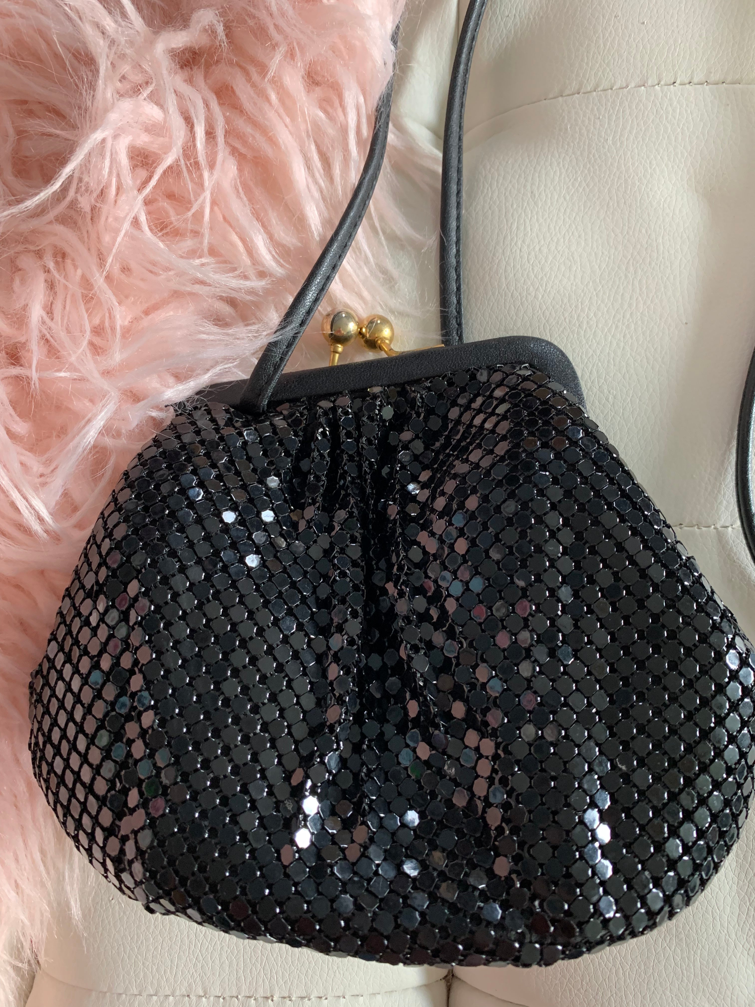 Vintage 80s Black Metal Mesh Mini Crossbody Purse By Whiting and