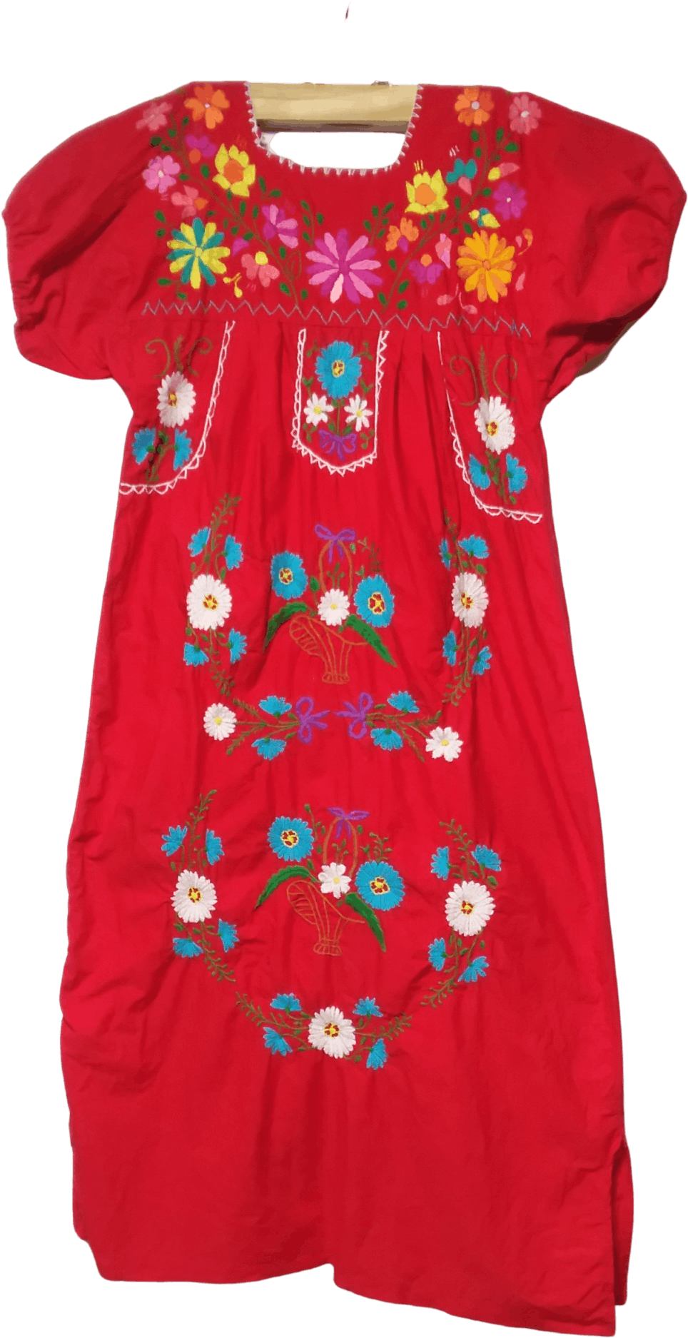 Vintage 70's Red Embroidered Floral Folk Dress Shop THRILLING
