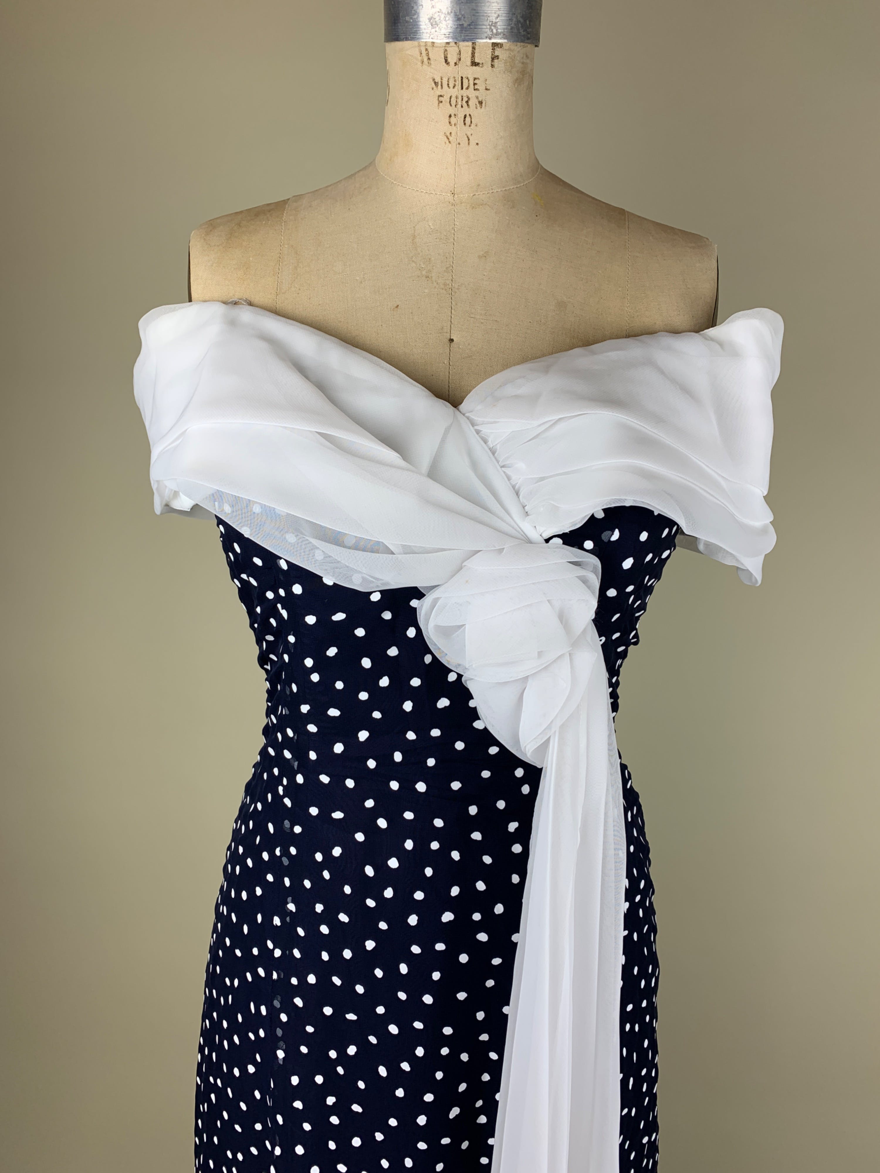 Vintage Navy Blue and White Polka Dot Off Shoulder Dress